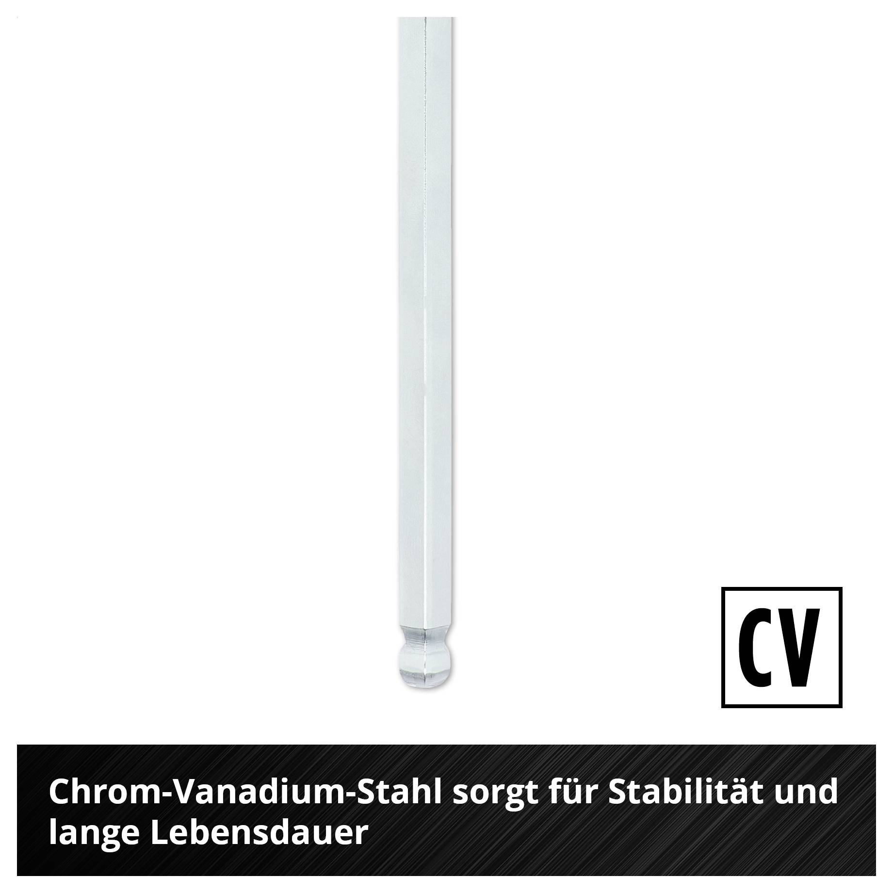 Weiße Schraubendreherklinge aus Chrom-Vanadium-Stahl; Text: 'Chrom-Vanadium-Stahl sorgt für Stabilität und lange Lebensdauer' und 'CV' im Logo.