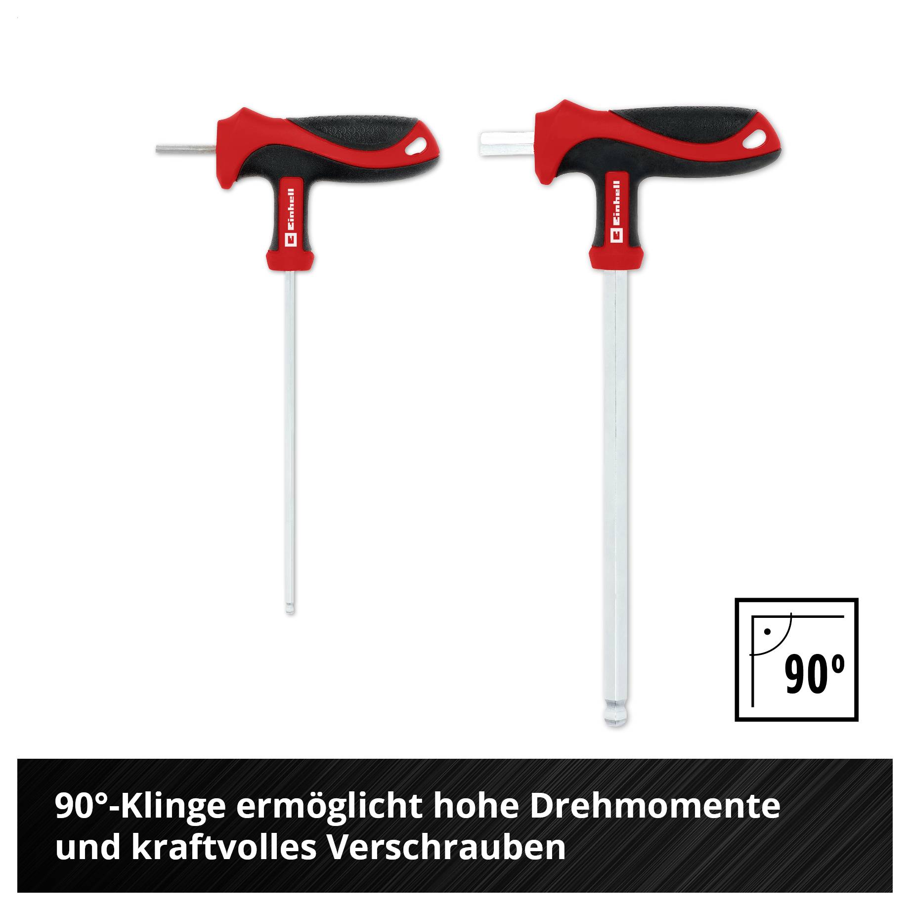 Zwei T-Griff-Inbusschlüssel mit 90°-Klinge; Hinweis: '90°-Klinge ermöglicht hohe Drehmomente und kraftvolles Verschrauben'.