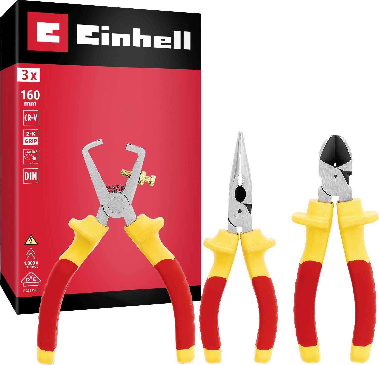 Einhell 3-teiliger Satz isolierter Zangen, bestehend aus Abisolierzangen, Flachrundzangen und Seitenschneidern, abgebildet mit Produktverpackung.