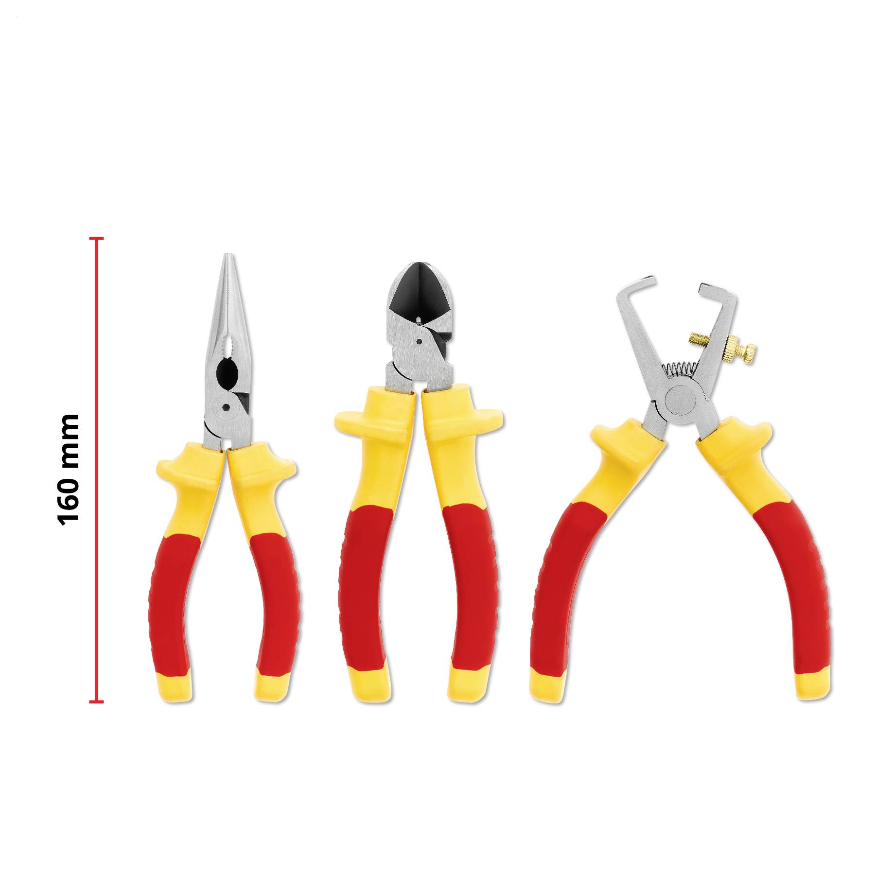 Drei isolierte Handwerkzeuge nebeneinander abgebildet, mit einer Höhenangabe von 160 mm auf der linken Seite.