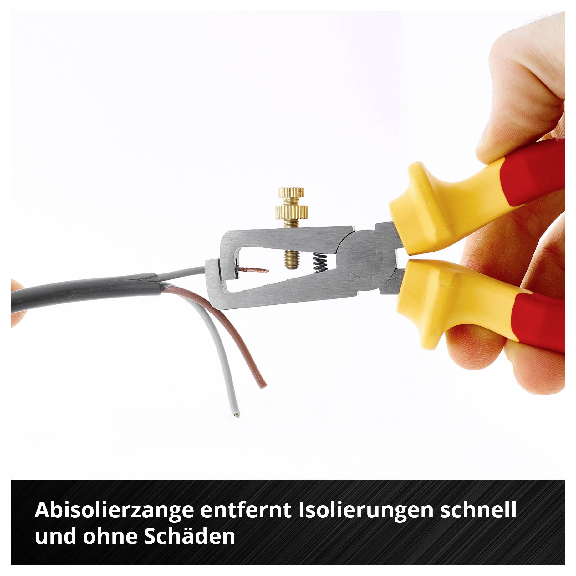 Abisolierzange entfernt die Isolierung von einem Kabel; daneben steht: 'Abisolierzange entfernt Isolierungen schnell und ohne Schäden'