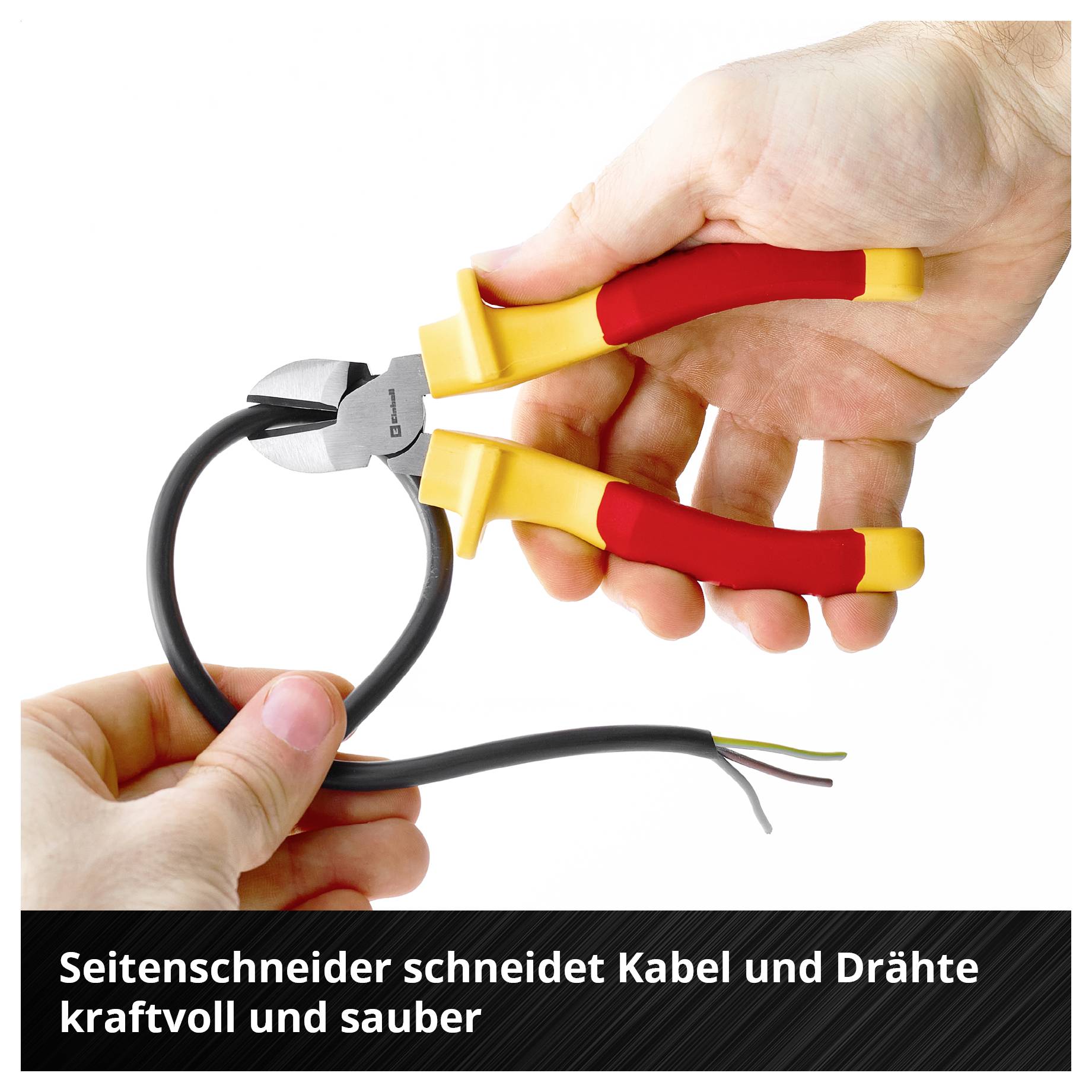 Hand schneidet mit Seitenschneider ein Kabel; unten steht: 'Seitenschneider schneidet Kabel und Drähte kraftvoll und sauber'.