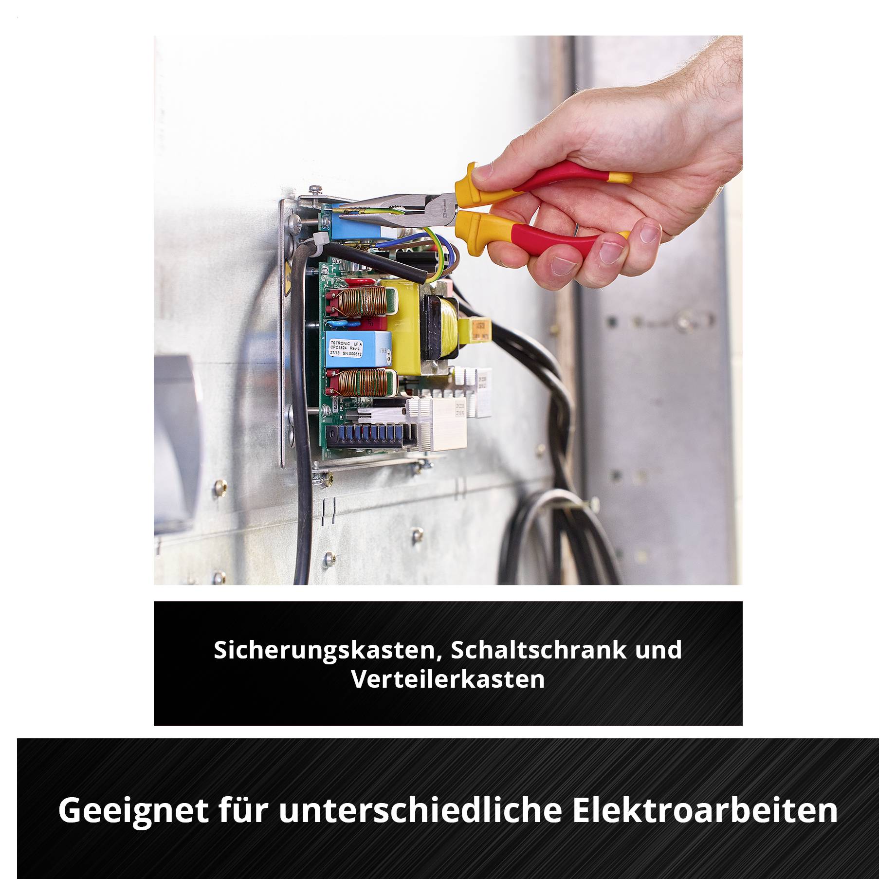 Hand schraubt mit isoliertem Werkzeug an offenem Sicherungskasten/Schaltschrank; darunter der Text 'Sicherungskasten, Schaltschrank und Verteilerkasten' und 'Geeignet für unterschiedliche Elektroarbeiten'.