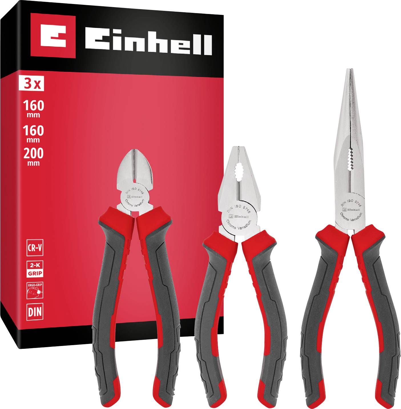 Einhell dreiteiliger Zangensatz mit Verpackung abgebildet, bestehend aus 160 mm, 160 mm und 200 mm Zangen mit rot-schwarzen Griffen.