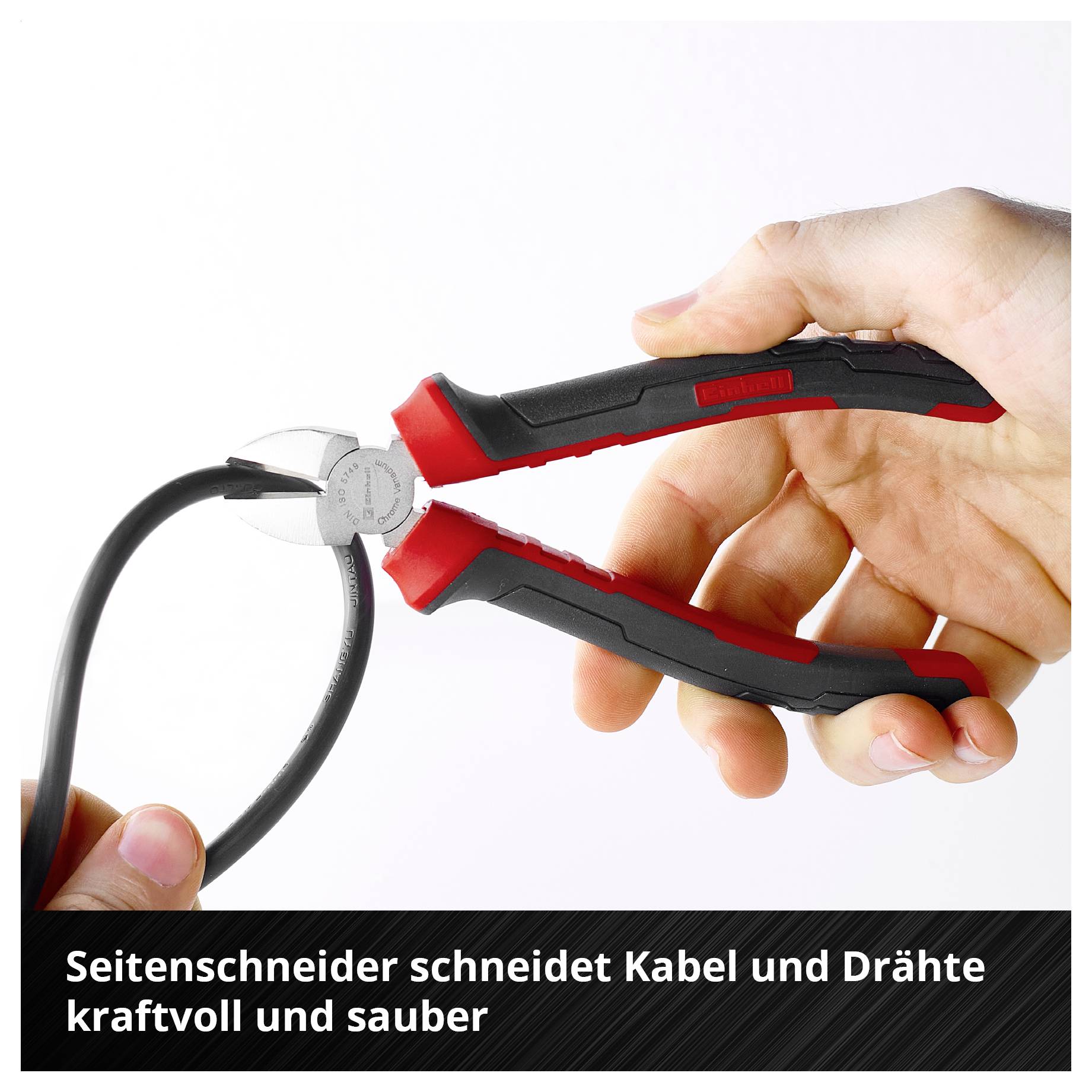 Hand schneidet mit einem Seitenschneider ein Kabel; unten steht 'Seitenschneider schneidet Kabel und Drähte kraftvoll und sauber'.