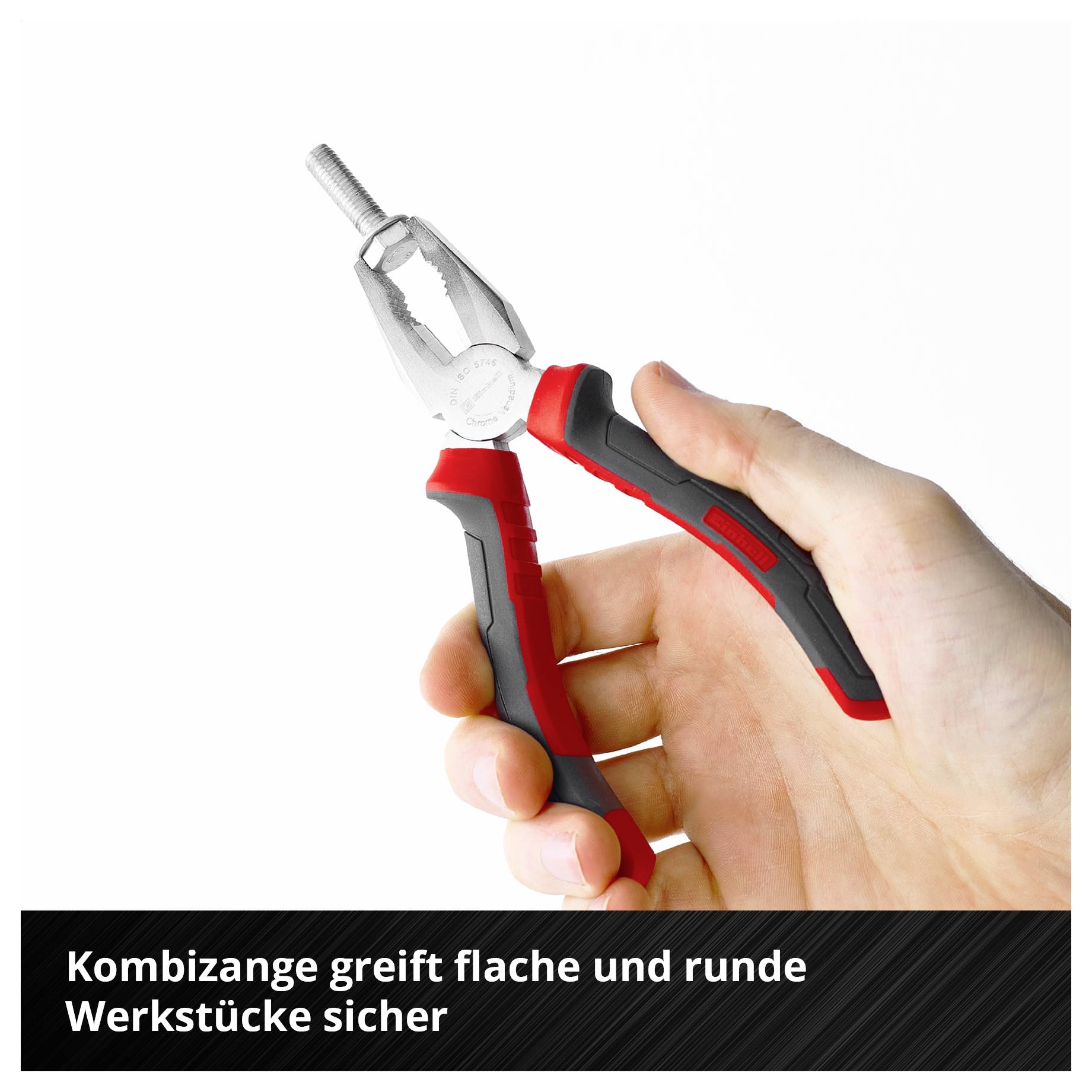 Hand hält eine Kombizange mit rot-schwarzen Griffen; unten steht 'Kombizange greift flache und runde Werkstücke sicher'.