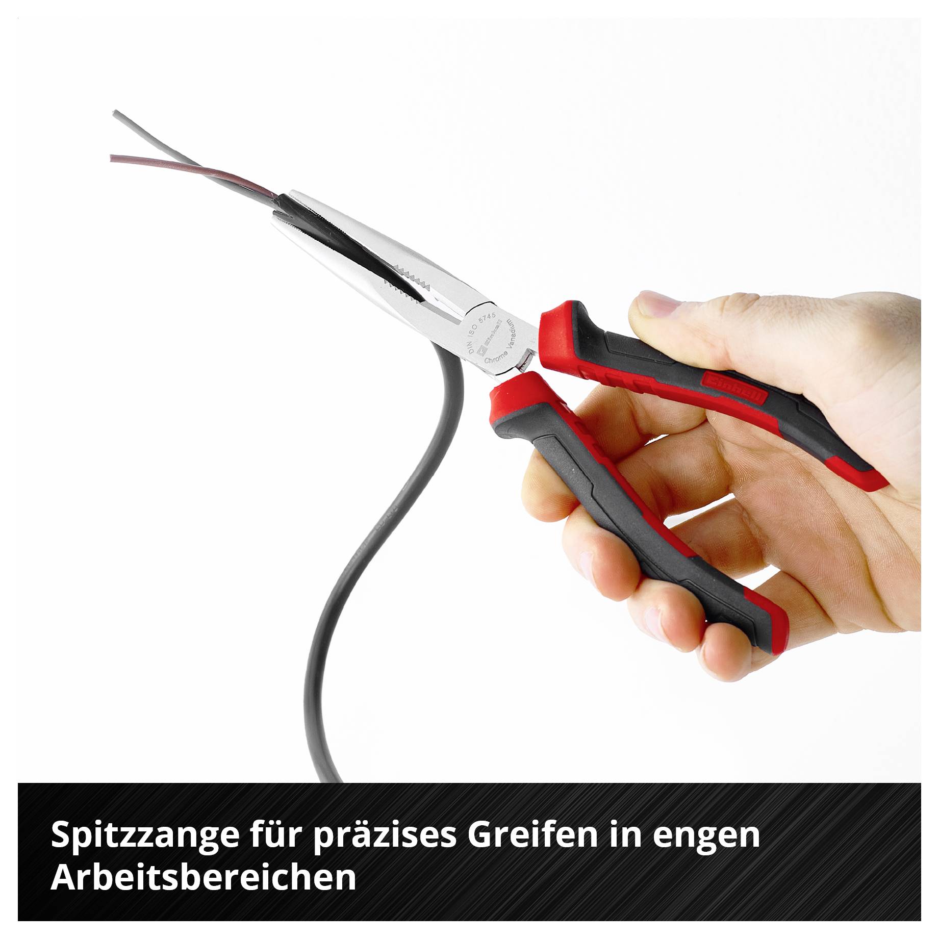 Hand hält rote und schwarze Spitzzange, die ein Kabel greift; unten steht 'Spitzzange für präzises Greifen in engen Arbeitsbereichen'.