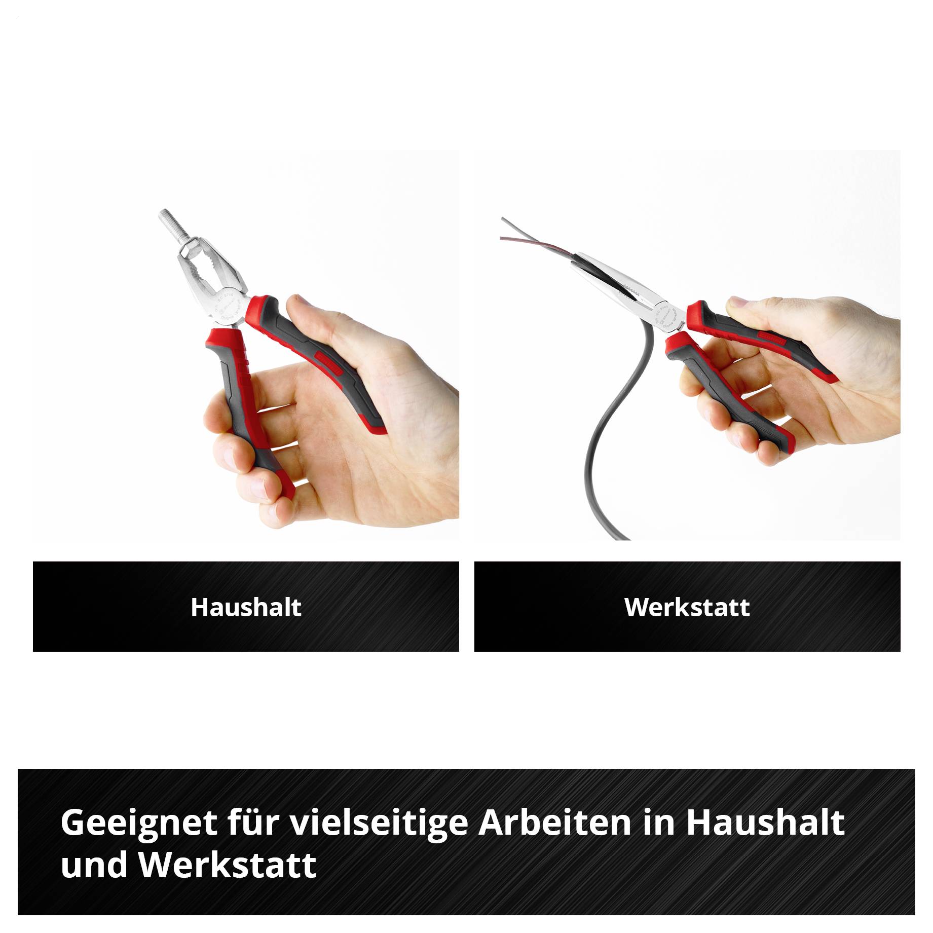 Vergleichsbild mit zwei Werkzeugen: links Zange für 'Haushalt', rechts Kombizange für 'Werkstatt'; darunter steht 'Geeignet für vielseitige Arbeiten in Haushalt und Werkstatt'.