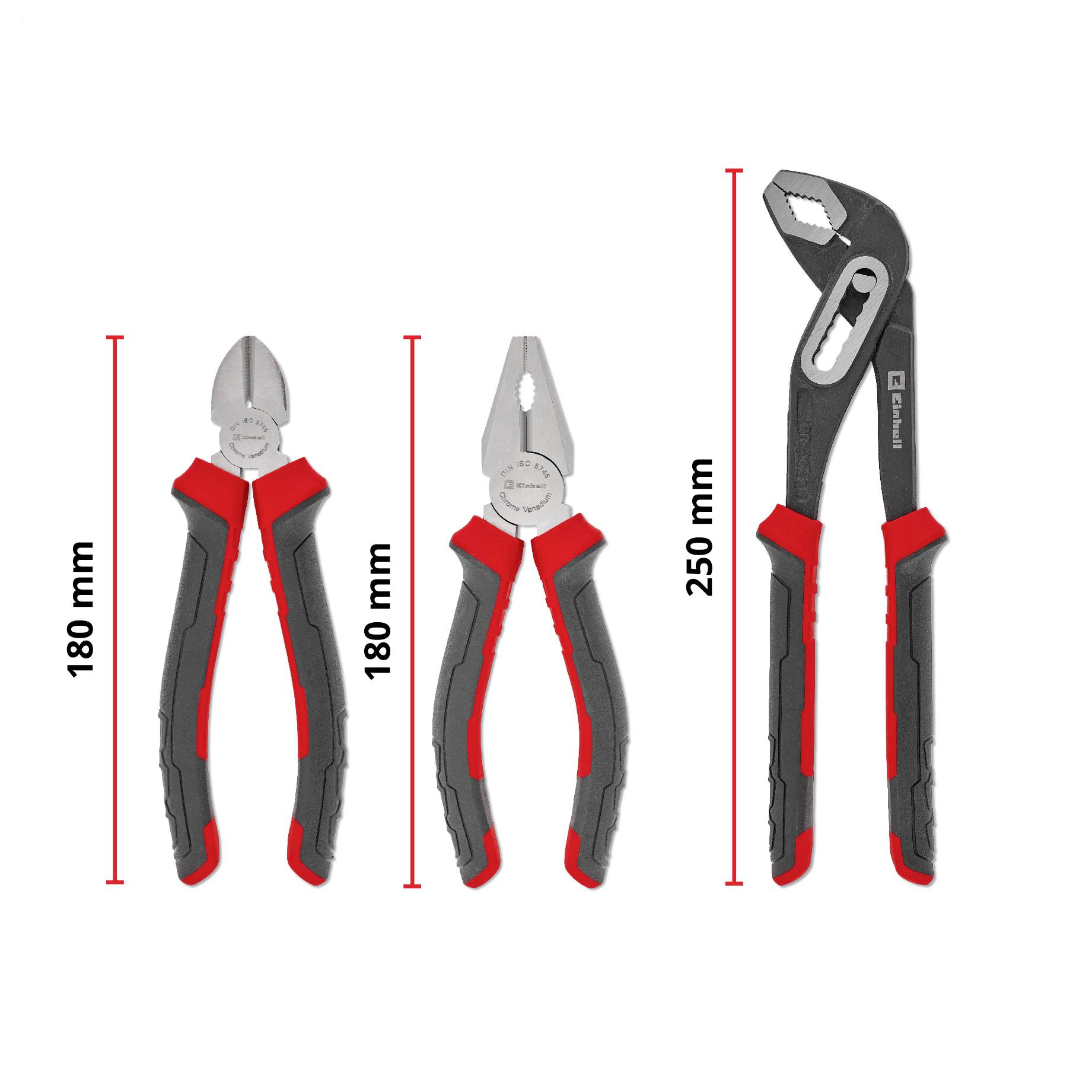 Drei Handwerkzeuge mit Größenangaben dargestellt: zwei 180 mm Zangen und eine 250 mm verstellbare Zange.