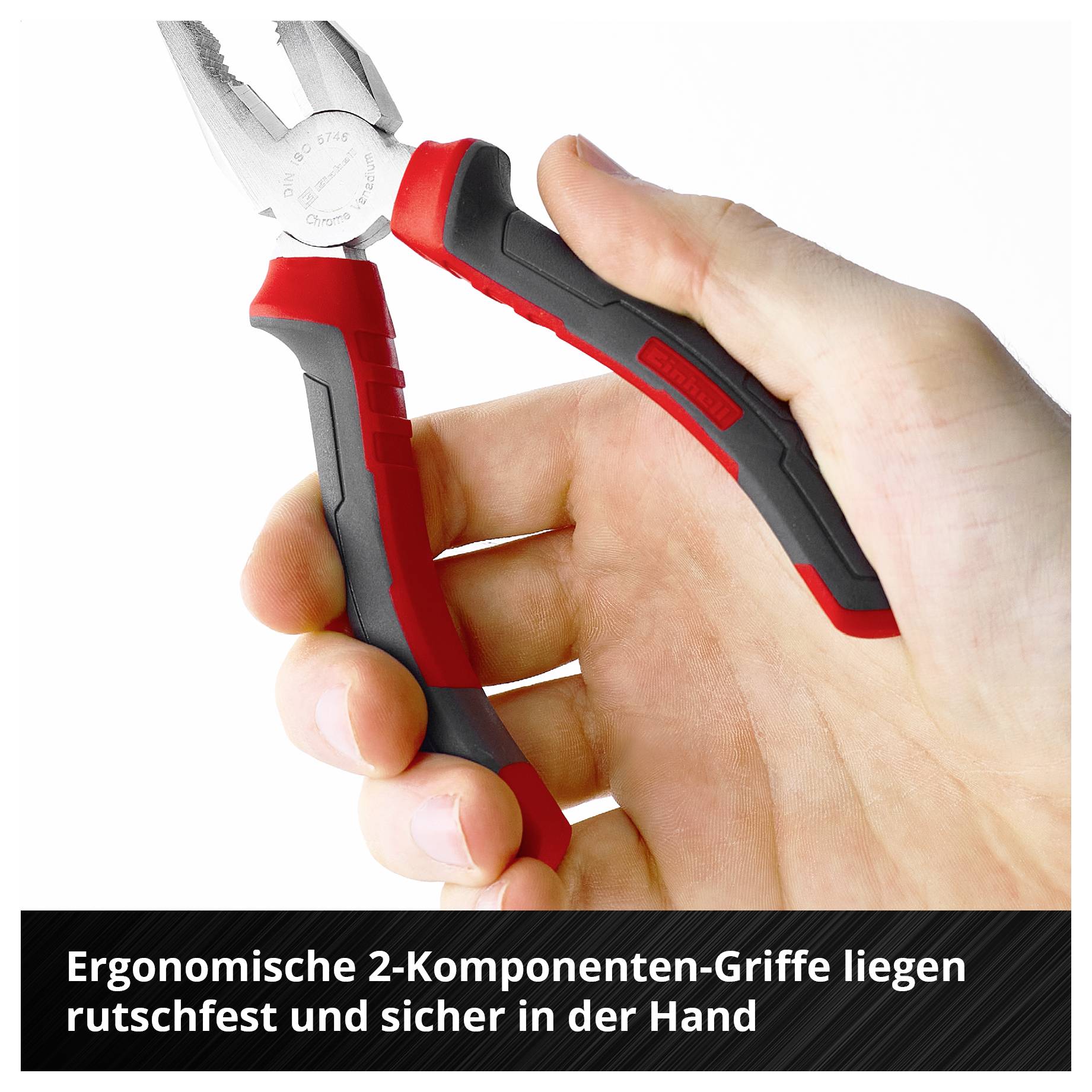 Nahaufnahme von rot-schwarzer Rundzange, die in einer Hand gehalten wird, mit dem Text: „Rundzange mit gekrümmten Backen, ideal zum Biegen von Draht, Schleifen oder Ringen