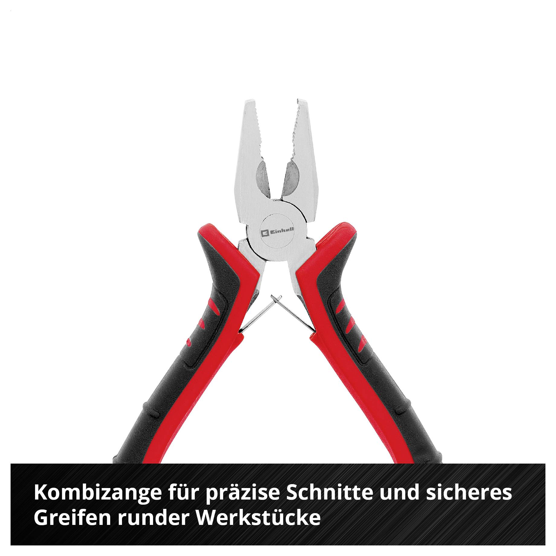 Kombizange mit rot-schwarzen Griffen; für präzise Schnitte und sicheres Greifen runder Werkstücke.