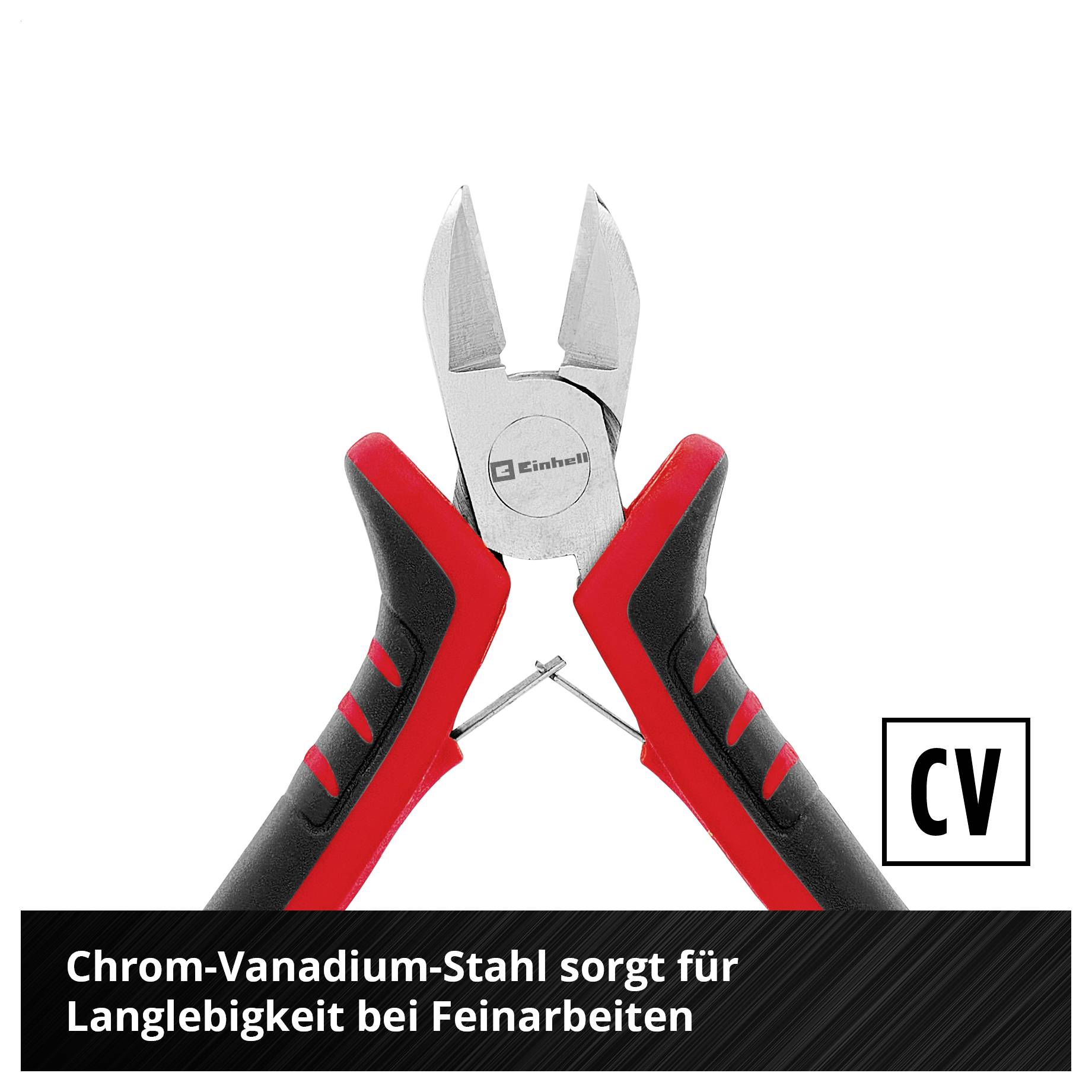 Seitenschneider mit rot-schwarzem Griff; Hinweis: Chrom-Vanadium-Stahl sorgt für Langlebigkeit bei Feinarbeiten.