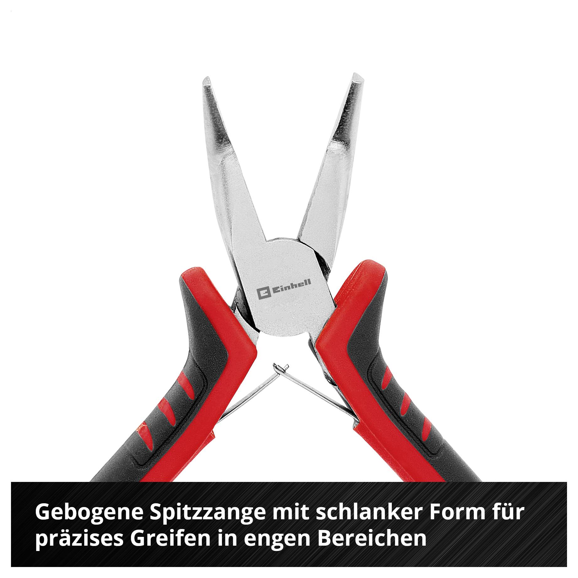 Hand, die eine Zange mit ergonomischen rot-schwarzen Griffen hält; Text: „Ergonomische zweiteilige Griffe bieten einen sicheren und rutschfesten Griff