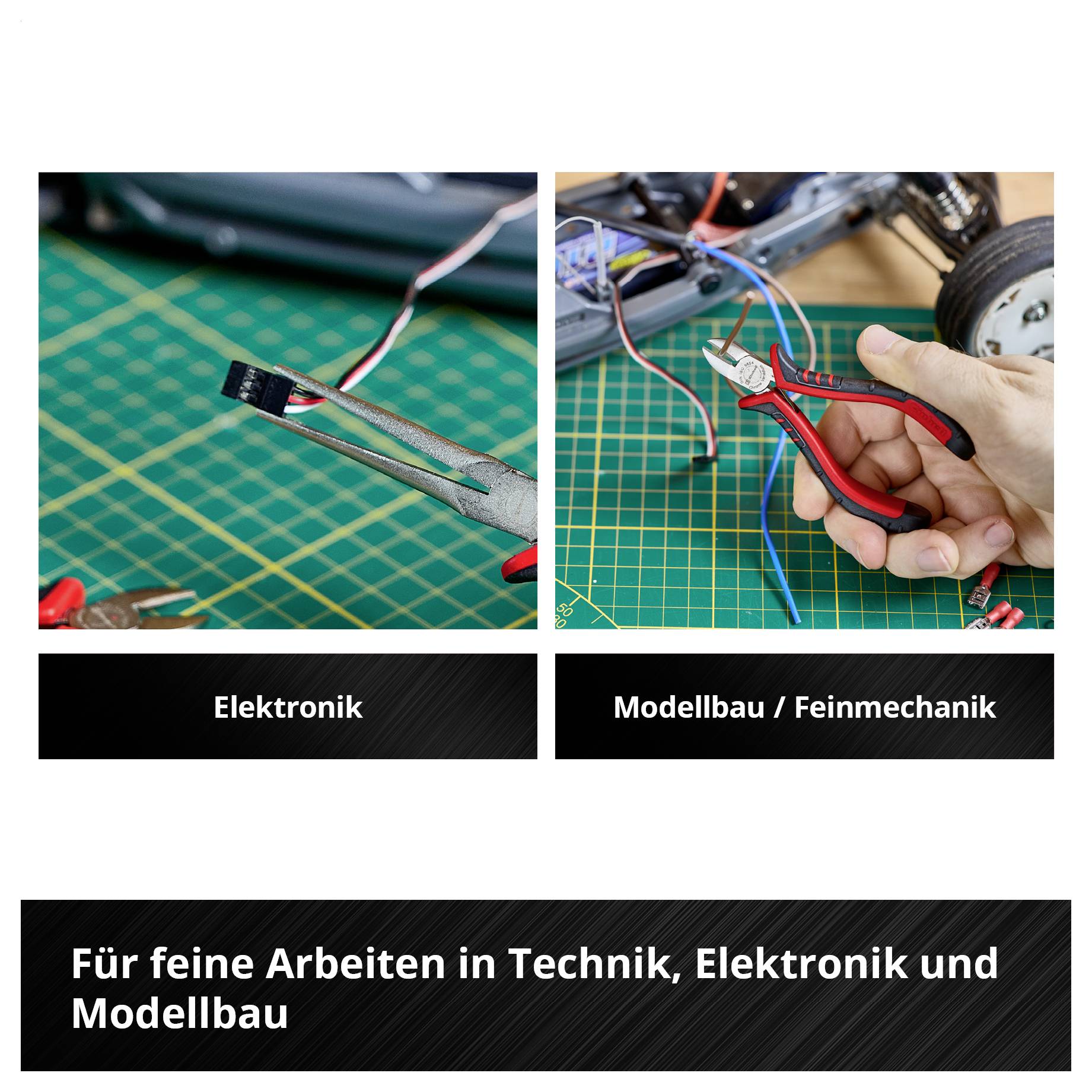 Werbebild für feine Arbeiten in Technik, Elektronik und Modellbau: links Elektronik mit Pinzette an Kabeln, rechts Modellbau/Feinmechanik mit Zange.