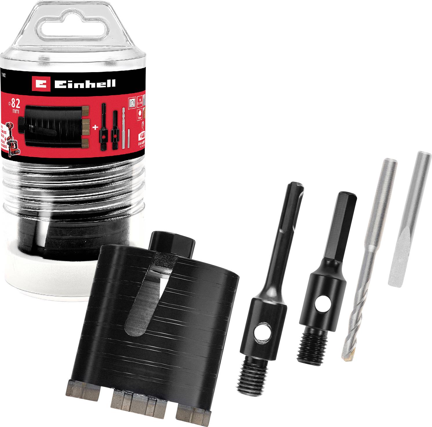 Einhell-Lochsägen-Set mit Aufbewahrungsbehälter, großem Bohrer, zwei Aufnahmewellen und zwei Führungsbohren auf weißem Hintergrund.