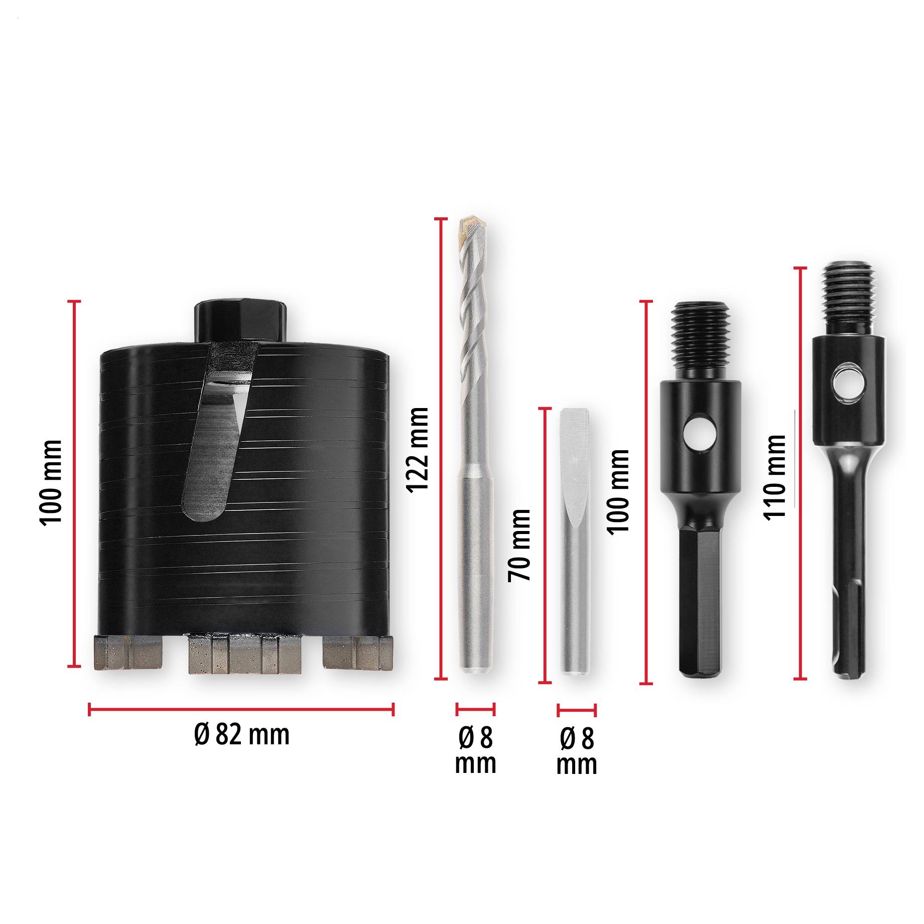 Satz schwarzer Bohrkomponenten und Adapter mit Abmessungen: Lochsäge 82 mm breit und 100 mm hoch, plus zwei 8-mm-Bits/Adapter mit den Angaben 122 mm, 70 mm, 100 mm und 110 mm.