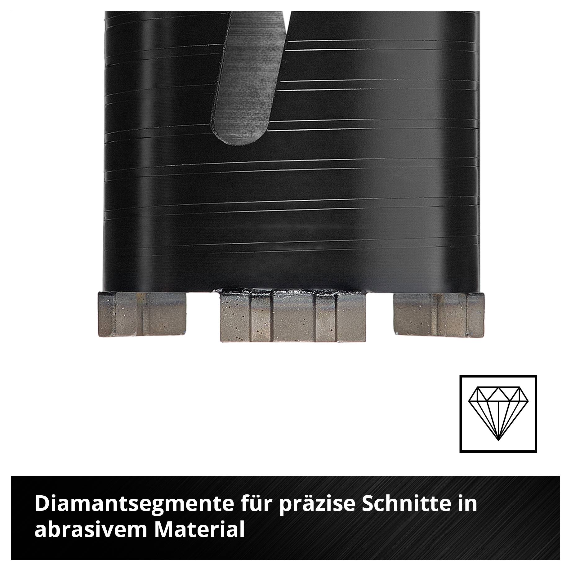Diamantbohrer mit Segmenten; Text: 'Diamantsegmente für präzise Schnitte in abrasivem Material'.