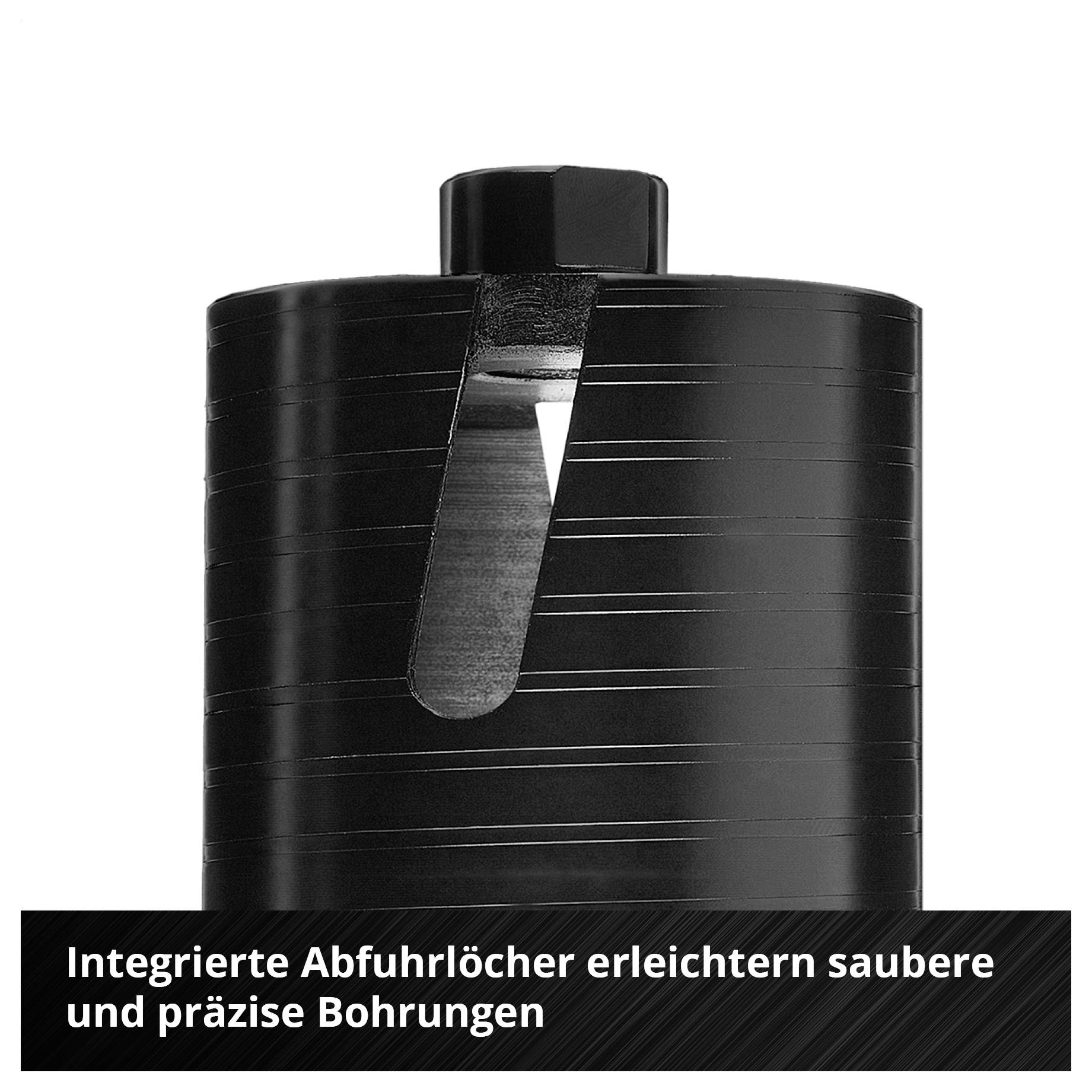 Schwarzer Bohrkernbehälter mit integrierten Abfuhrlöchern; Text: 'Integrierte Abfuhrlöcher erleichtern saubere und präzise Bohrungen'.