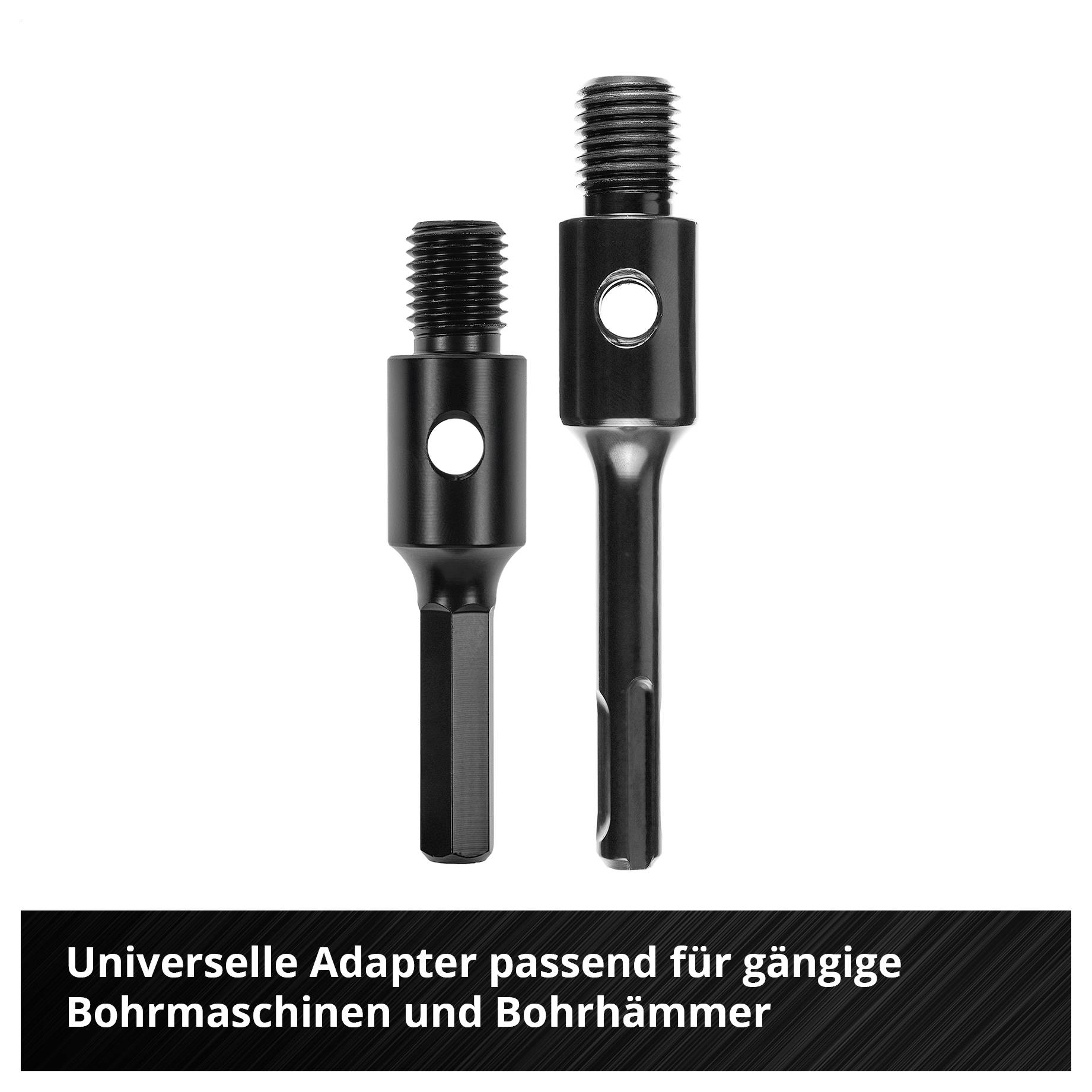 Zwei schwarze Adapter für Bohrmaschinen und Bohrhämmer, mit Gewinde und seitlicher Öffnung, auf weißem Hintergrund; unten Text: 'Universelle Adapter passend für gängige Bohrmaschinen und Bohrhämmer'
