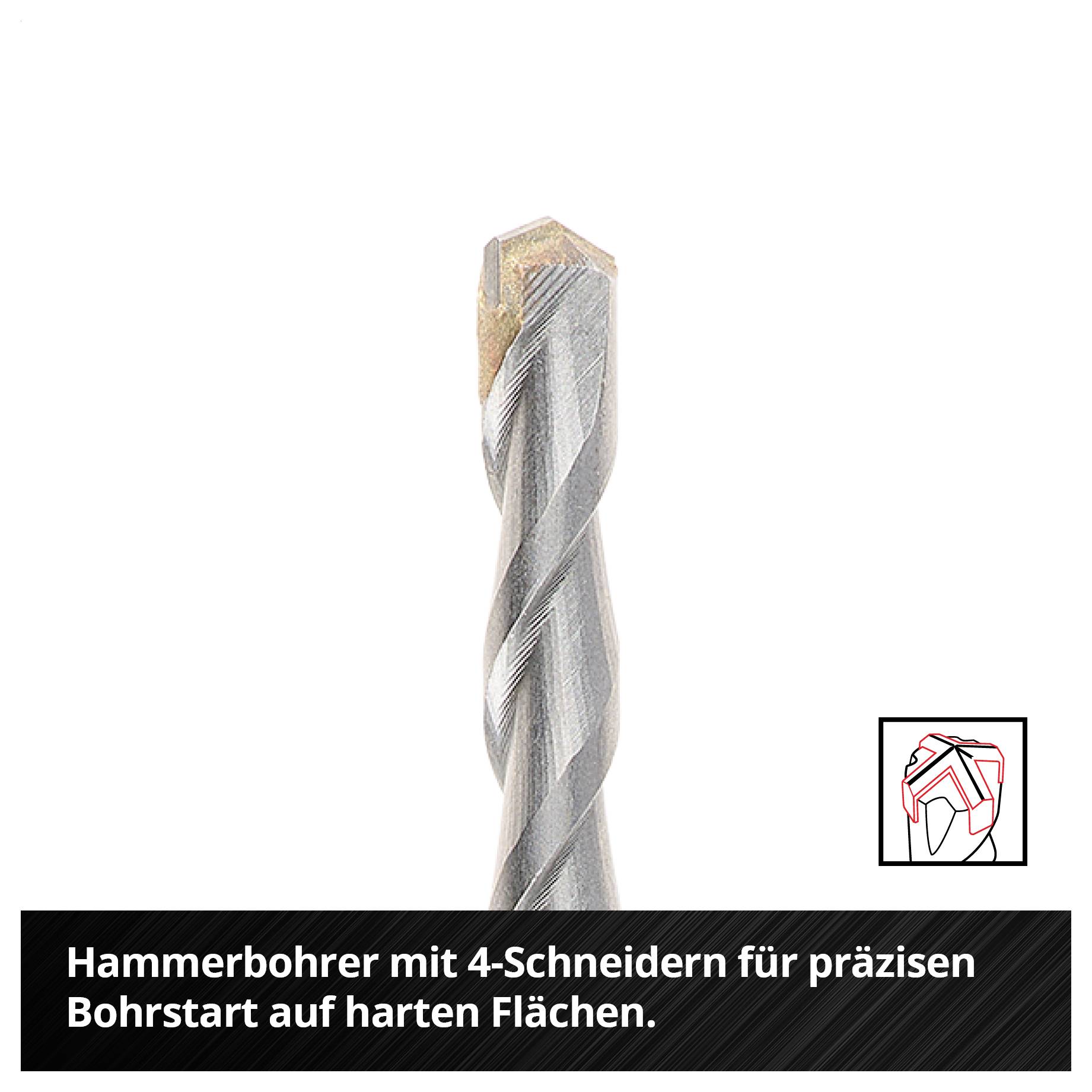 Abbildung eines Hammerbohrers mit 4 Schneidern; Text: 'Hammerbohrer mit 4-Schneidern für präzisen Bohrstart auf harten Flächen.'