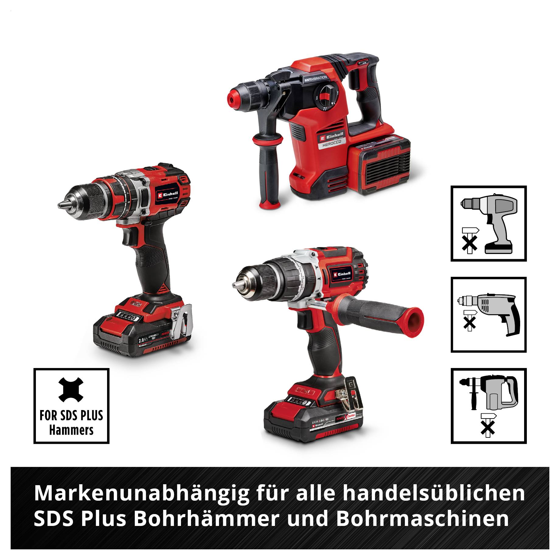 Werbegrafik mit drei roten Akku-Bohrhämmern/Bohrmaschinen und Piktogrammen; Text: 'Markenunabhängig für alle handelsüblichen SDS Plus Bohrhämmer und Bohrmaschinen'.