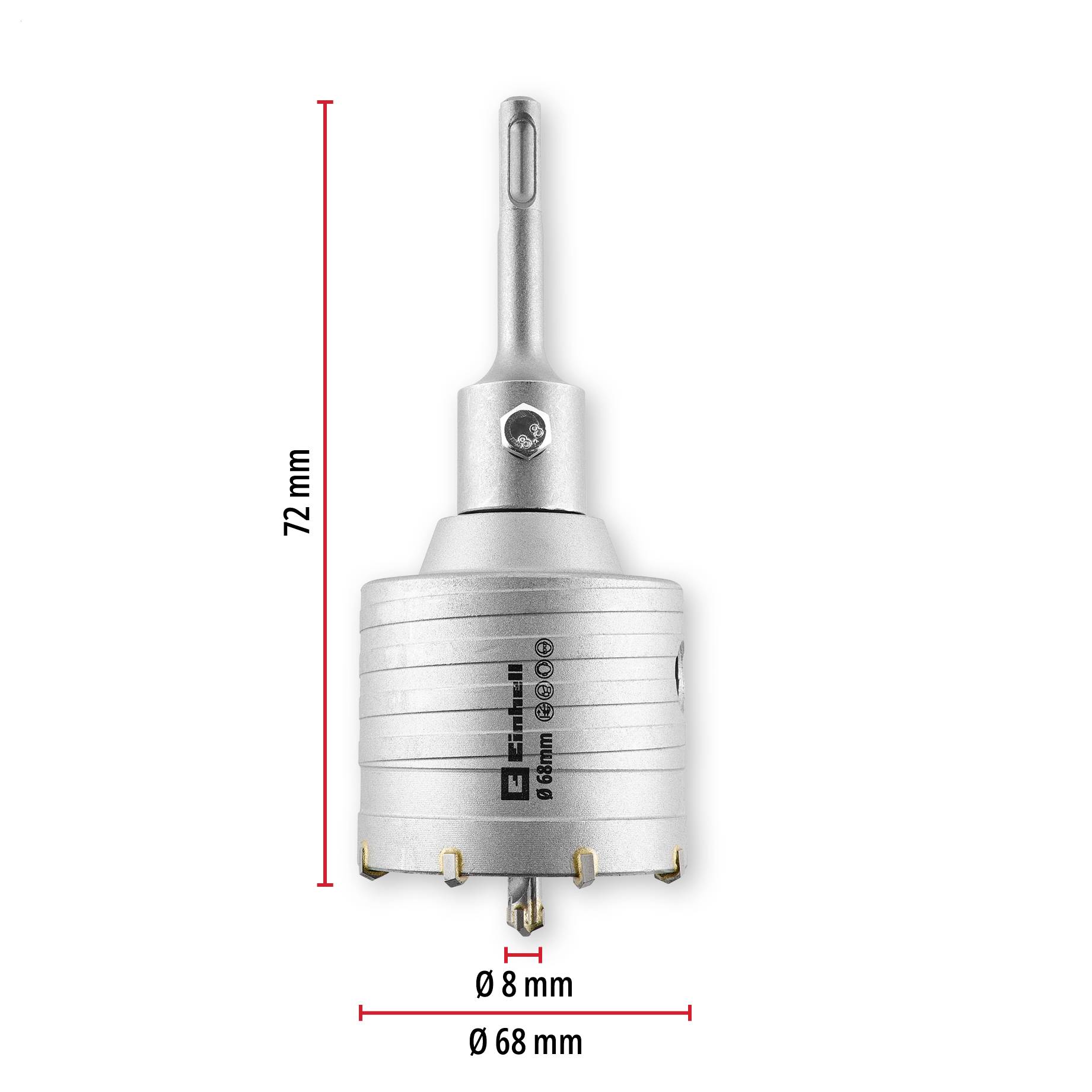 Silbernes Lochsägebit gezeigt mit Abmessungen: 72 mm Höhe, 68 mm Durchmesser und 8 mm Pilotbit.