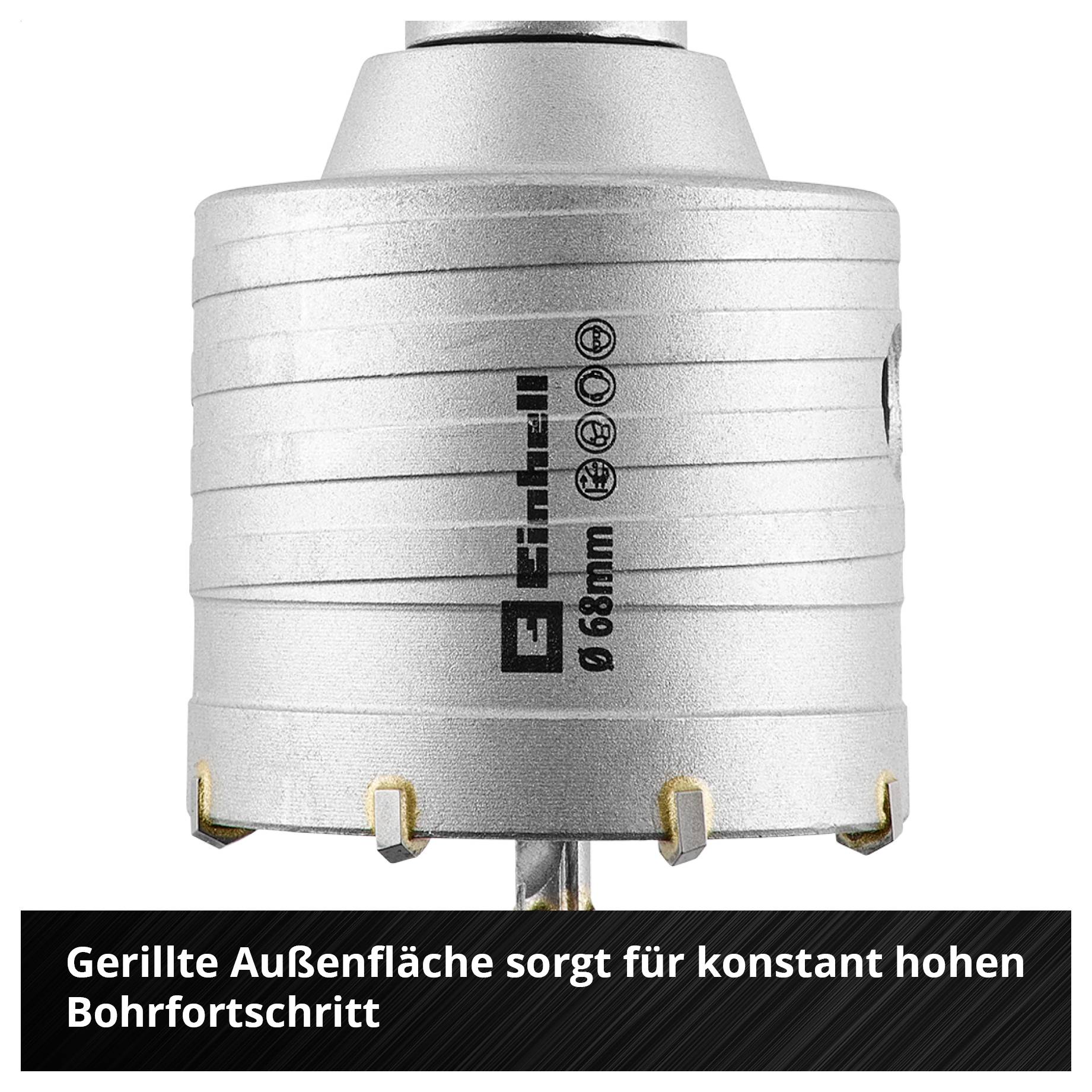 Grauer 68-mm-Lochsägenaufsatz mit gerillter Außenfläche; Text nennt: 'Gerillte Außenfläche sorgt für konstant hohen Bohrfortschritt'.