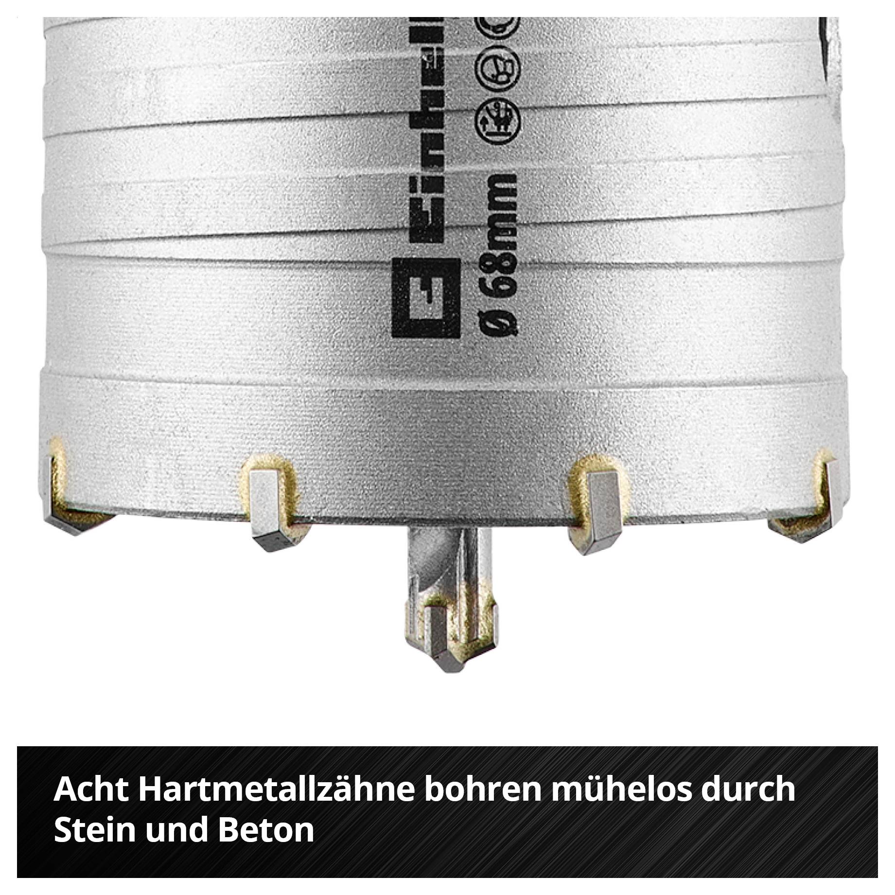 Diamant-Lochsäge mit 68 mm Durchmesser und Hartmetallzähnen; Text: 'Acht Hartmetallzähne bohren mühelos durch Stein und Beton'.