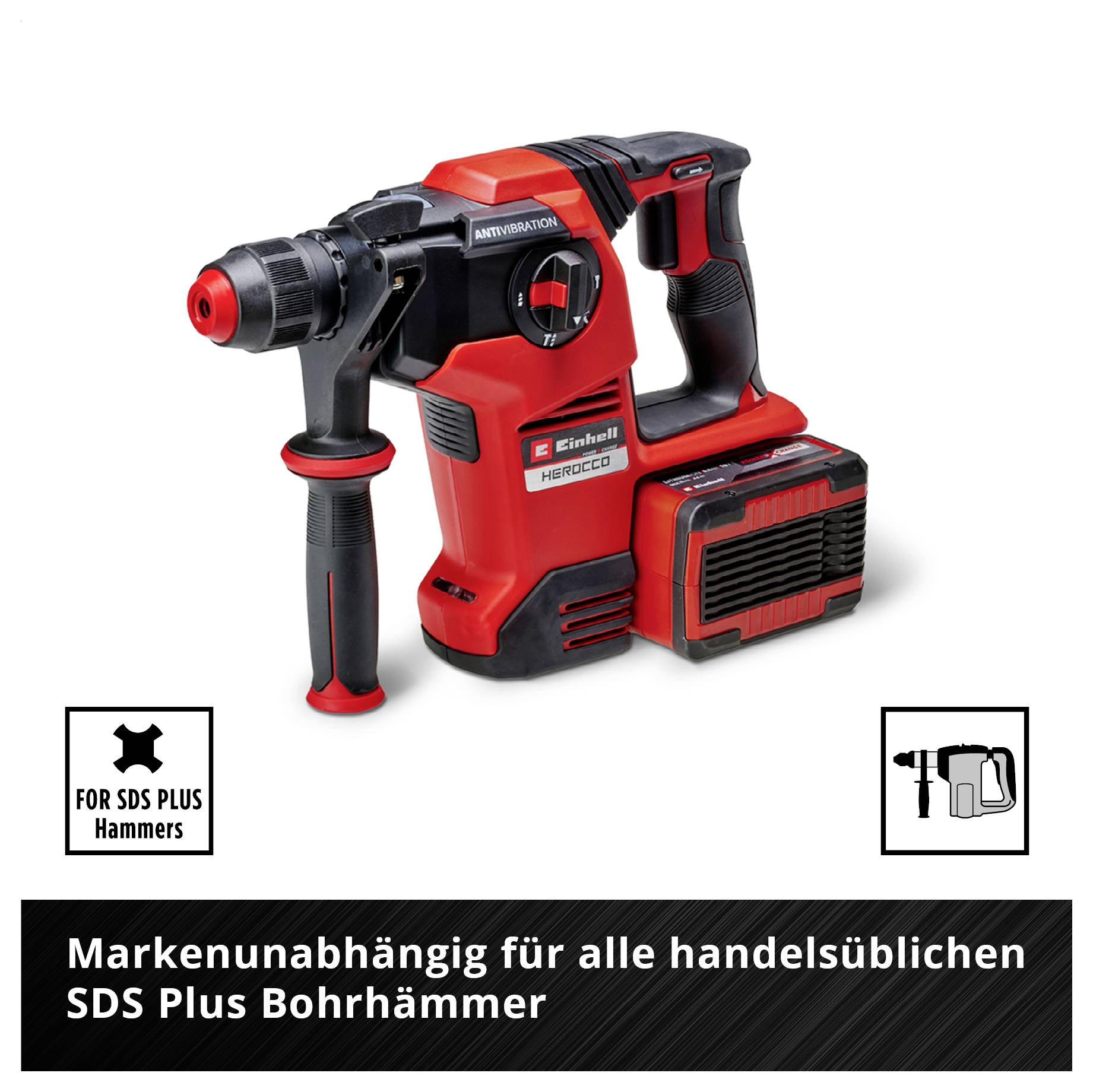 Akkubetriebener SDS-Plus-Bohrhammer mit Zusatzhandgriff und Akku; Text: 'Markenunabhängig für alle handelsüblichen SDS Plus Bohrhämmer'.