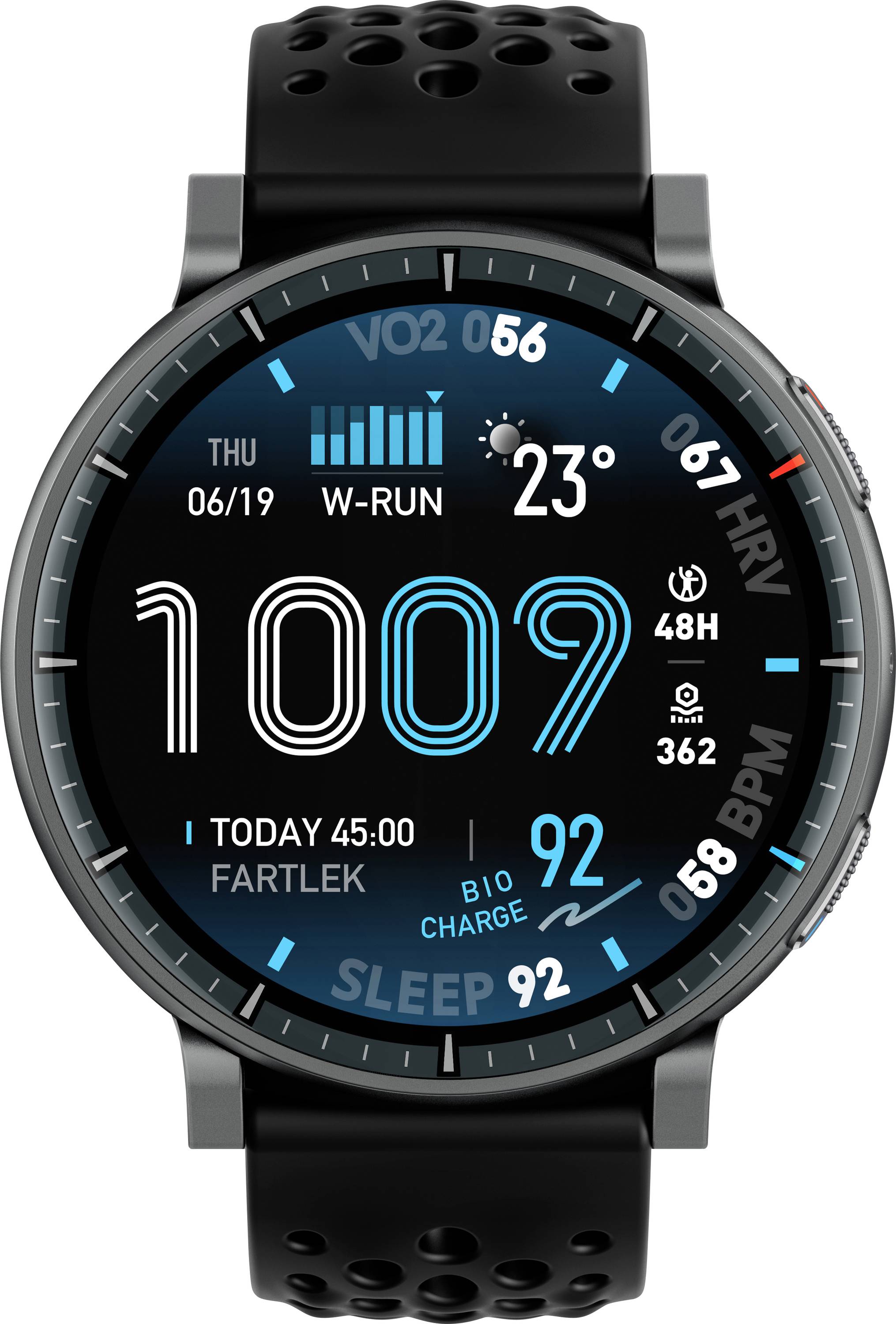 Eine Smartwatch-Anzeige mit dem Datum „DO 19.06.