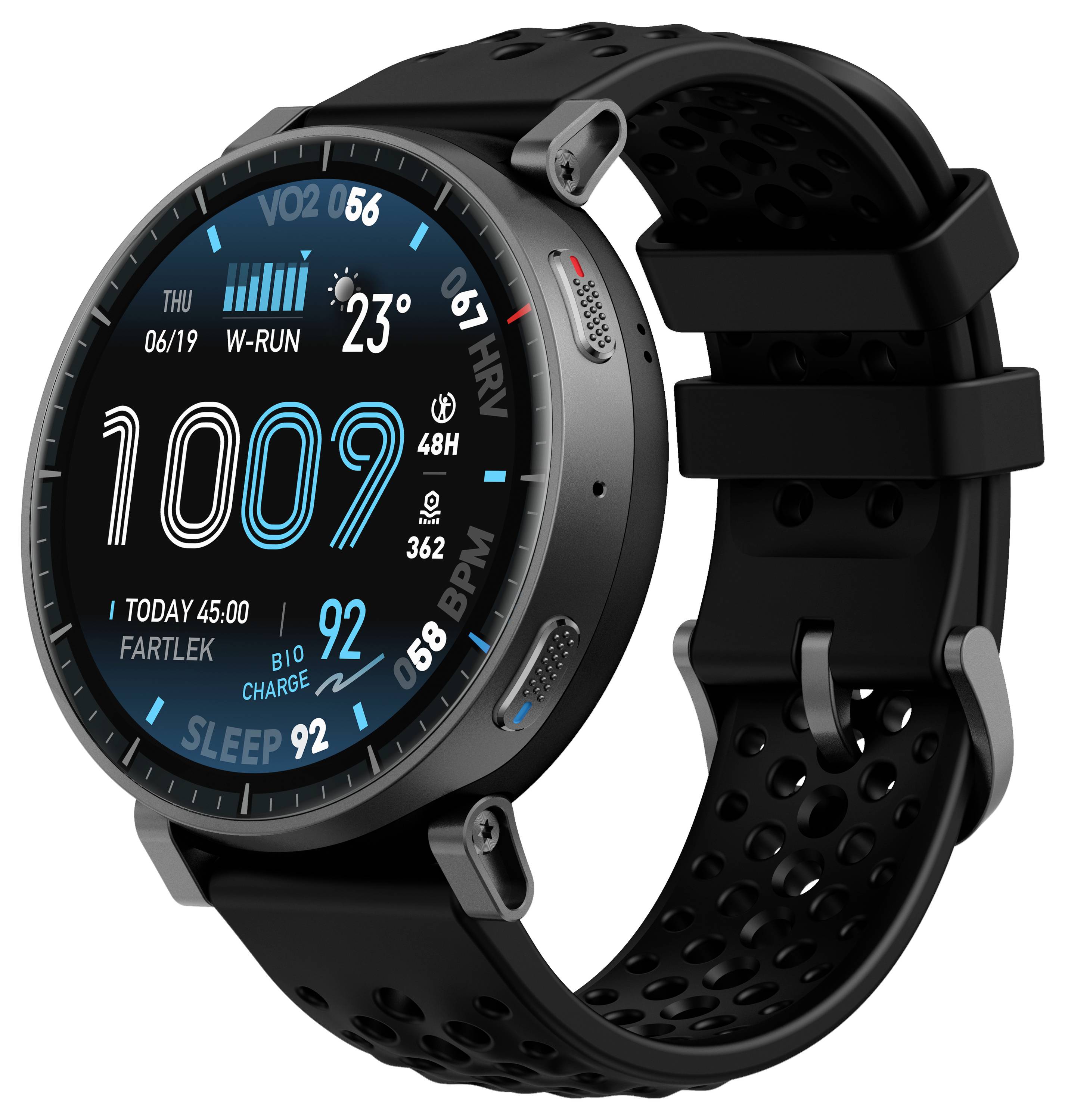 Eine digitale Smartwatch zeigt Datum, Wetter, Herzfrequenz, Schlaf- und Trainingsstatistiken an. Sie hat ein schwarzes Armband und ein elegantes, modernes Design.