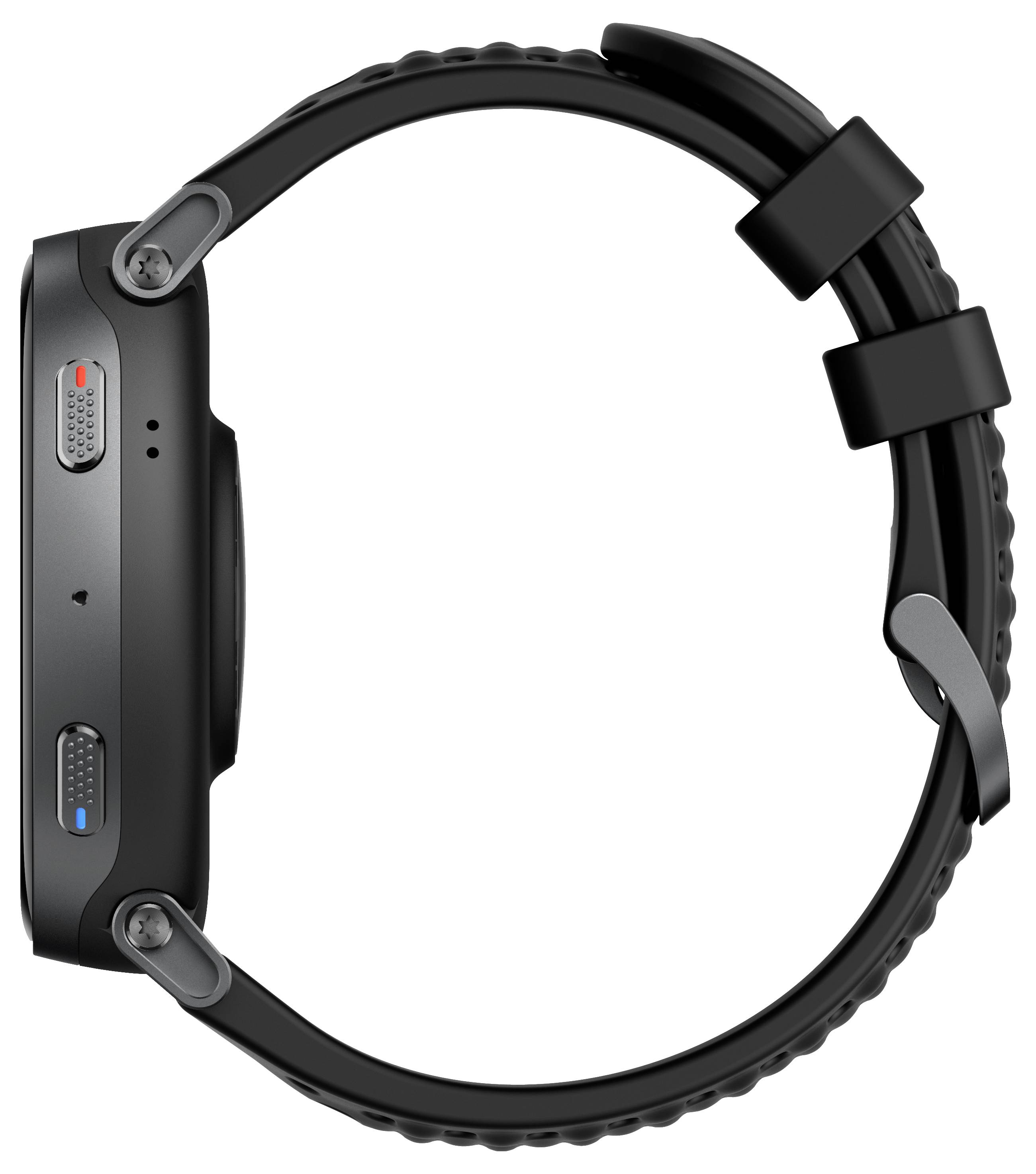 Eine schwarze Smartwatch von der Seite gezeigt, die ihre zwei Tasten und ein Band mit einer Schließe anzeigt.