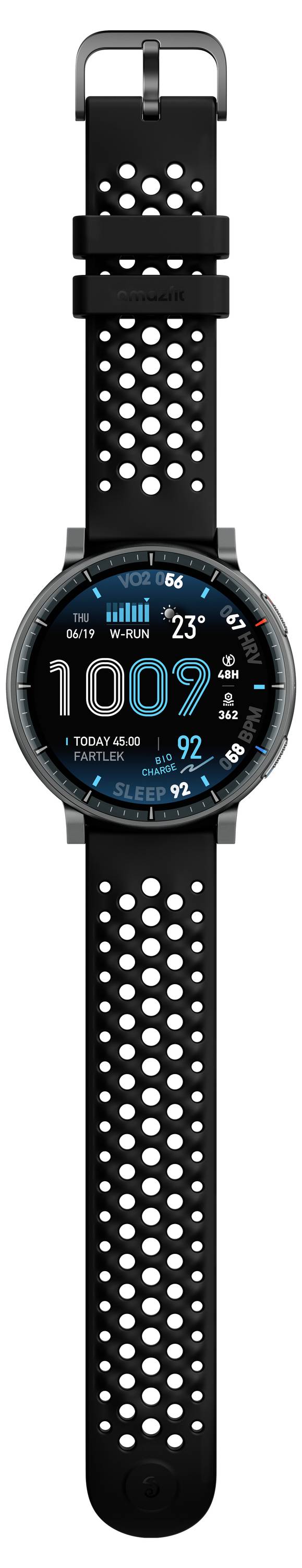 Eine schwarze Smartwatch mit atmungsaktivem Armband, die die Zeit 