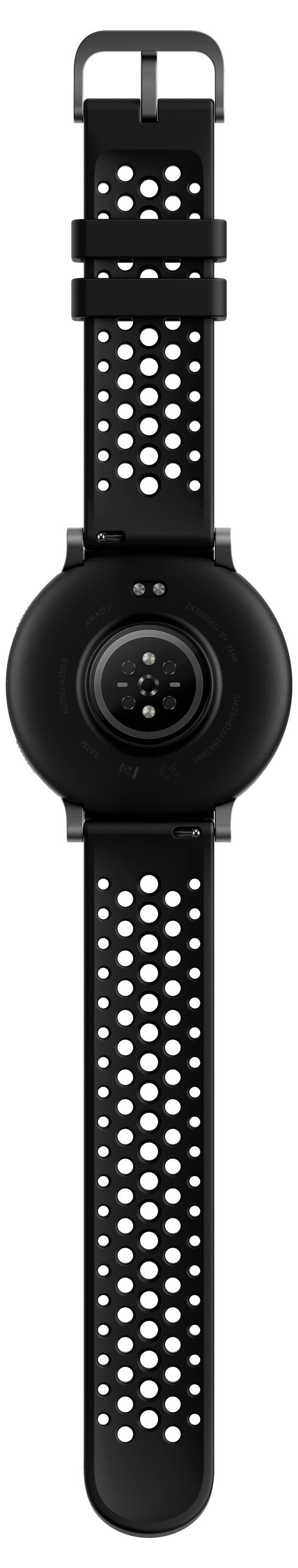 Eine schwarze Smartwatch mit abnehmbarem Armband mit runden Perforationen für Atmungsaktivität. Die Rückseite der Uhr zeigt einen Sensor und Ladepunkte.