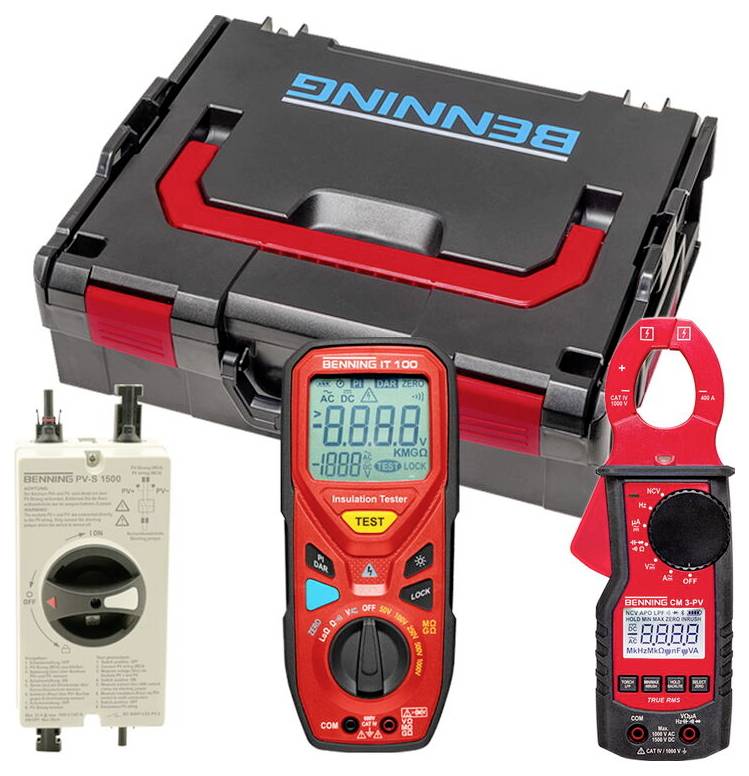 Ein Satz Benning-Prüfwerkzeuge, bestehend aus einem digitalen Multimeter, einem Isolationsprüfer und einem Koffer für elektrische Prüfungen und Sicherheit.