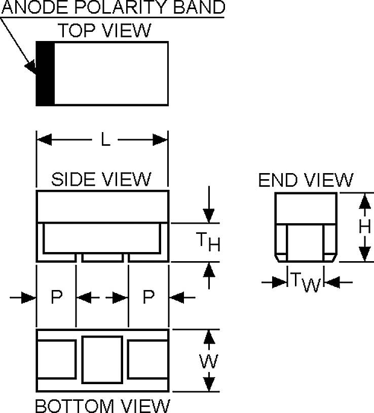 Diagramm mit Draufsicht, Seitenansicht und Endansicht eines elektronischen Bauteils. Anodenpolarbande angegeben. Abmessungen bezeichnet als L, P, TH, W, TW, H.