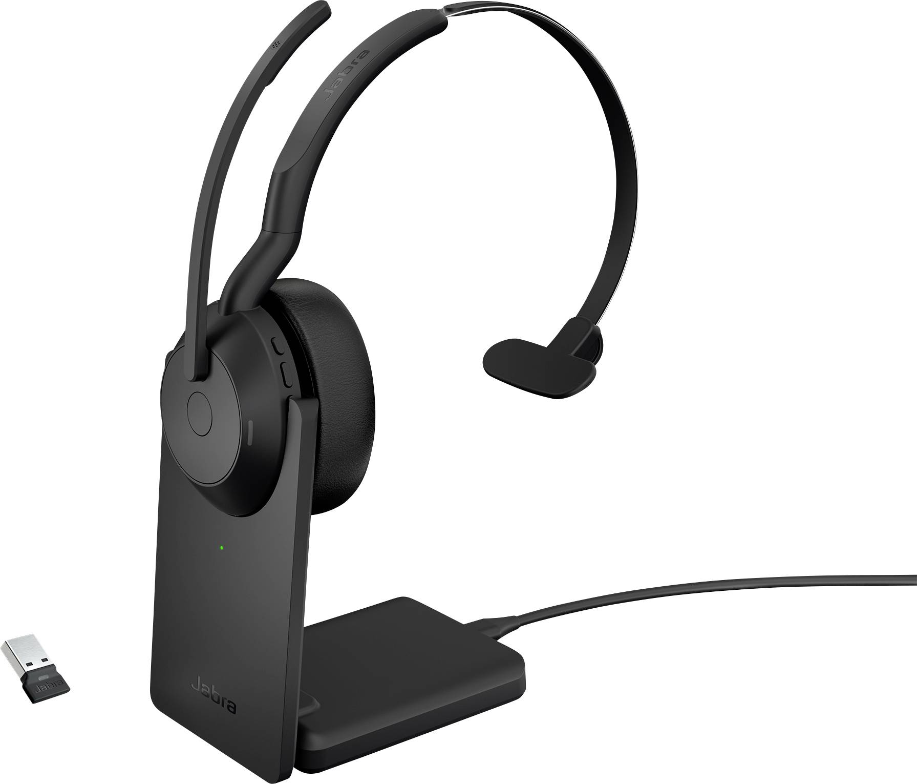 Schwarzes kabelloses Headset auf einer Ladestation mit USB-Dongle, gezeigt auf weißem Hintergrund.