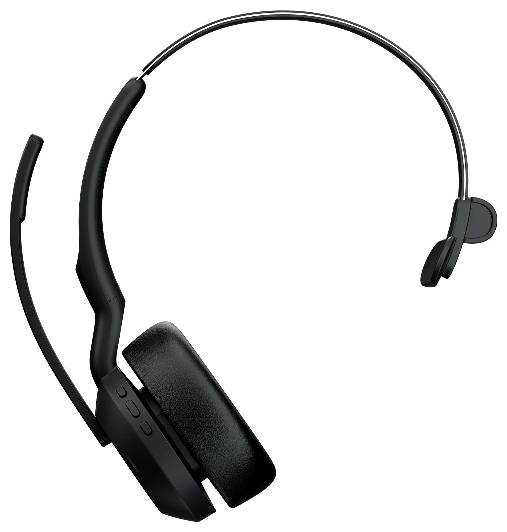 Schwarzes Funk-Kopfband-Headset mit Boom-Mikrofon auf weißem Hintergrund.