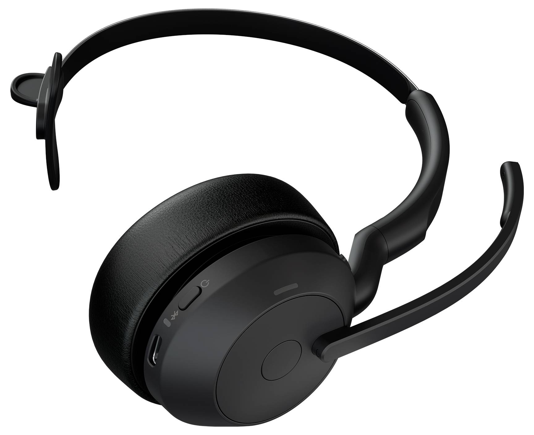 Schwarzes Over-Ear Wireless-Headset mit Boom-Mikrofon auf weißem Hintergrund.
