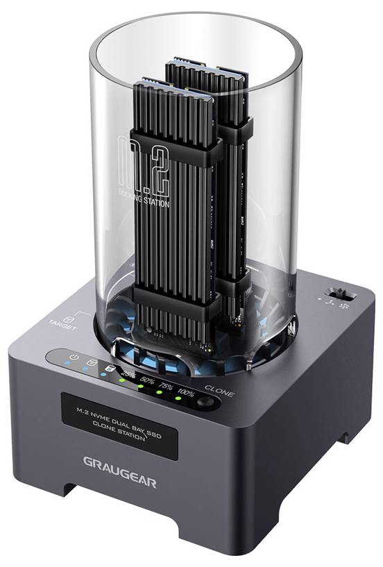 M.2 NVME Dual-Bay-Klonstation mit zwei eingelegten SSDs. Das Gerät verfügt über Klon-Statusanzeigen und sichtbare Anschlüsse, mit der Marke 'Graugear'.