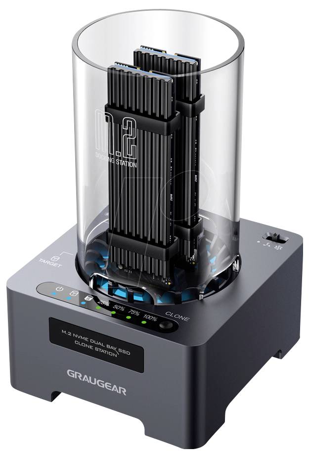 M.2 NVME Dual-Bay SSD-Klonstation mit zwei in transparentem vertikalem Halter eingesetzten SSDs. Das Gerät ist eingeschaltet, blaue LED leuchtet.
