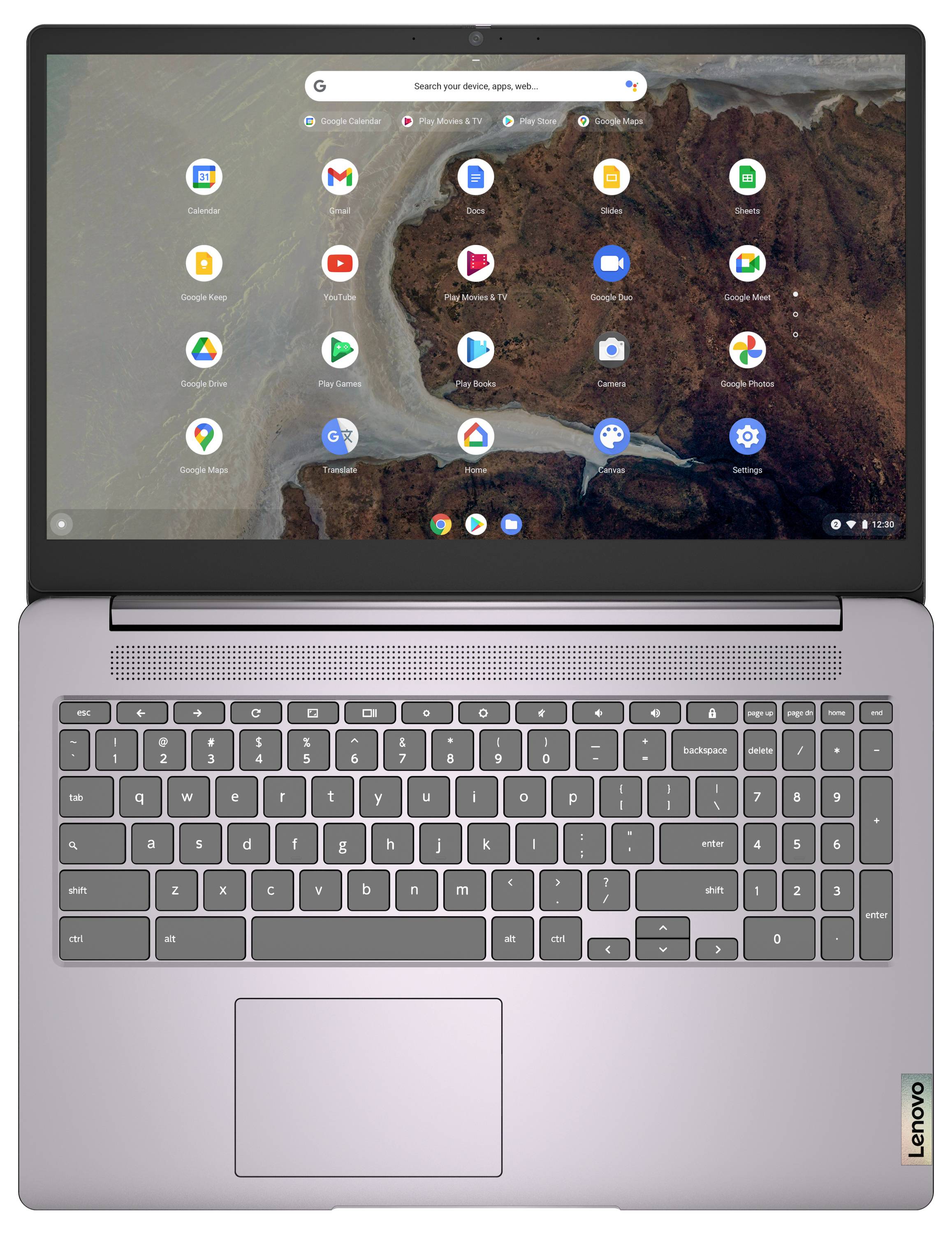 Ein Laptop zeigt einen Chrome OS Startbildschirm mit App-Symbolen und einem naturthematischen Hintergrundbild an. Das 
