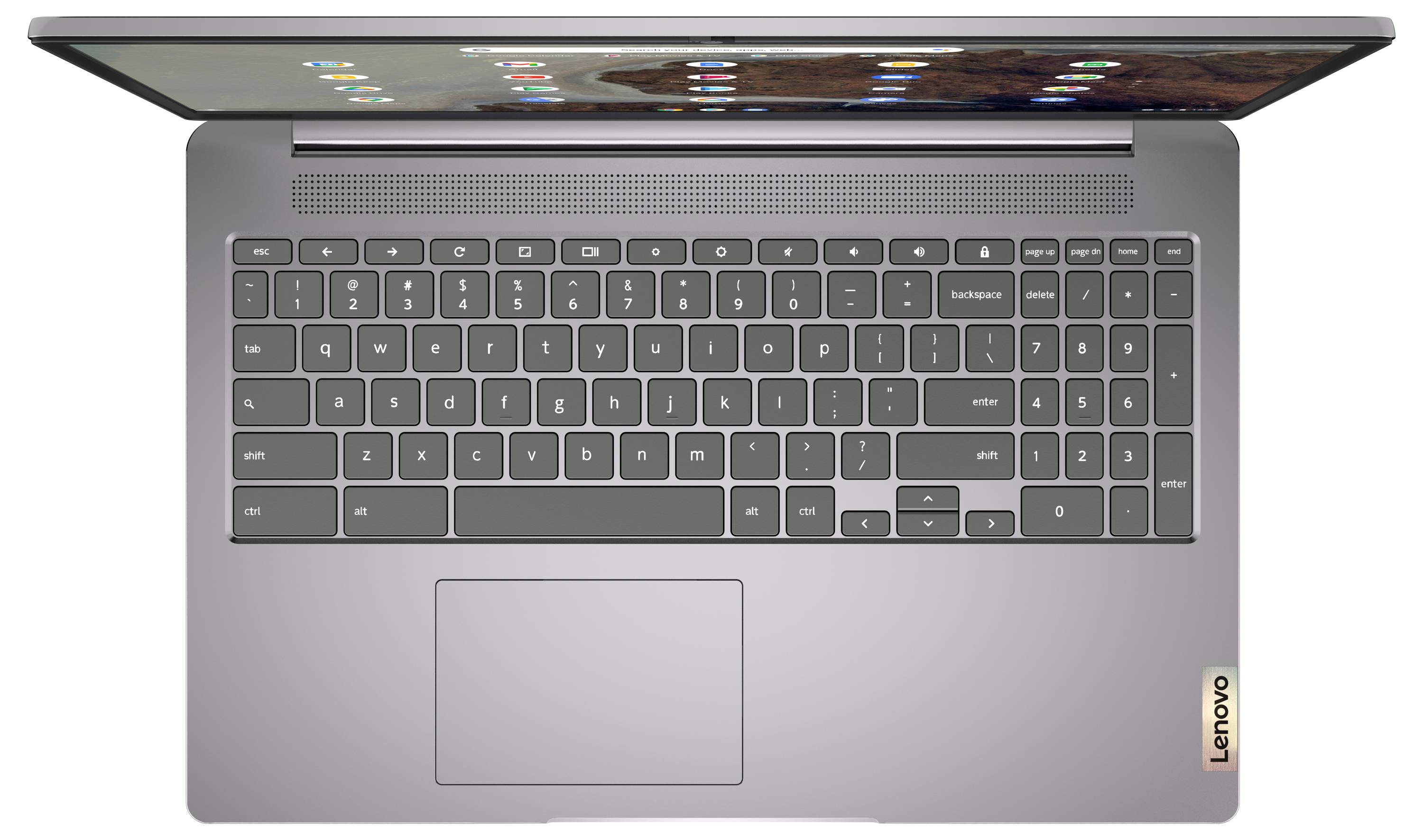 Eine Draufsicht auf einen offenen Laptop mit einer grauen Tastatur, einem Touchpad und sichtbarem Bildschirmgelenk, auf dem ein Desktop mit App-Symbolen angezeigt wird.