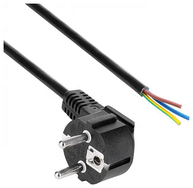 Ein schwarzes Stromkabel mit einem zweipoligen Stecker und freigelegten roten, blauen, gelben und grünen Adern am anderen Ende.