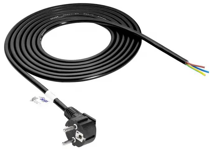 Ein schwarzes Elektrokabel mit einem Stecker an einem Ende und freiliegenden Drähten (rot, gelb, blau) am anderen Ende, in einer Spule aufgelegt.