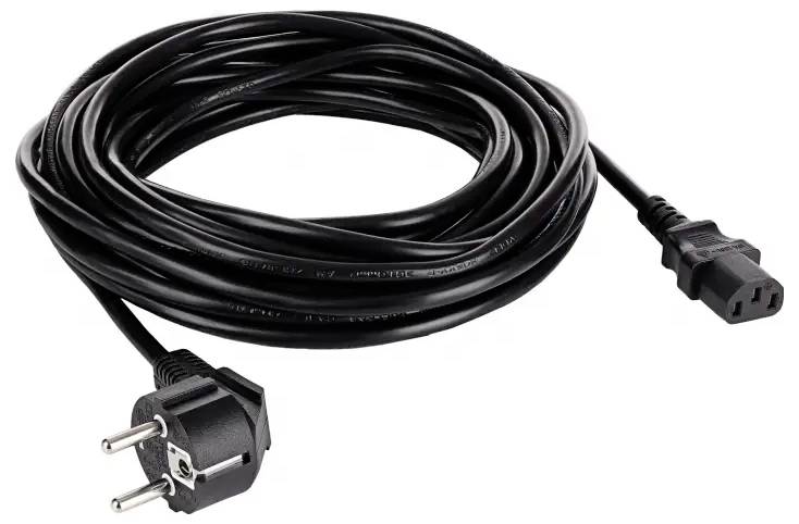 Ein schwarzes Stromkabel mit einem europäischen Stecker an einem Ende und einem C13-Anschluss am anderen Ende ist ordentlich aufgerollt.