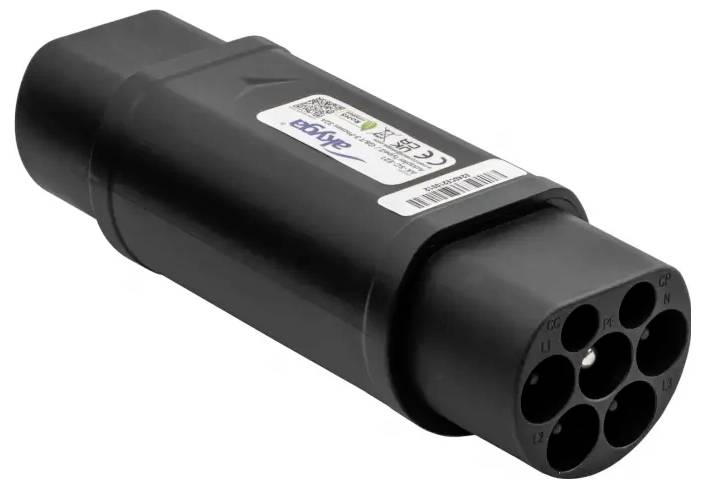 Adapter vom Typ 2 zum Typ 1 Elektrofahrzeug-Ladegerät mit schwarzem zylindrischem Design, das die Kompatibilität zwischen verschiedenen Elektrofahrzeug-Ladestandards ermöglicht.