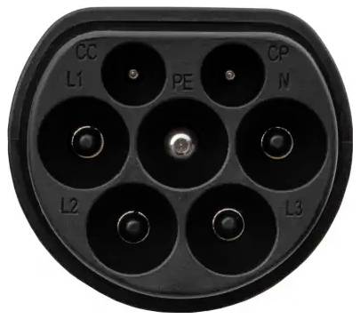 Siebenpoliger Elektrostecker zum Laden von Elektrofahrzeugen mit beschrifteten Anschlüssen: CC, CP, L1, L2, L3, N, PE.
