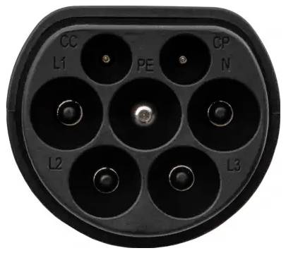 Typ-2-Ladestecker für Elektrofahrzeuge mit sieben kreisförmigen Kontakten mit den Bezeichnungen CC, CP, L1, L2, L3, PE, N. Schwarzes Gehäuse, wird zum Laden von Elektrofahrzeugen verwendet.