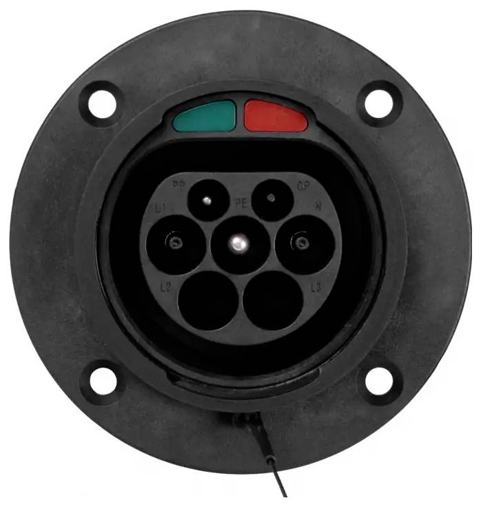 Elektromechanischer Stecker mit mehreren kreisförmigen Anschlüssen und zwei Anzeigeleuchtmitteln, eingebettet in eine runde schwarze Montierungsplatte mit vier Schraubenlöchern.